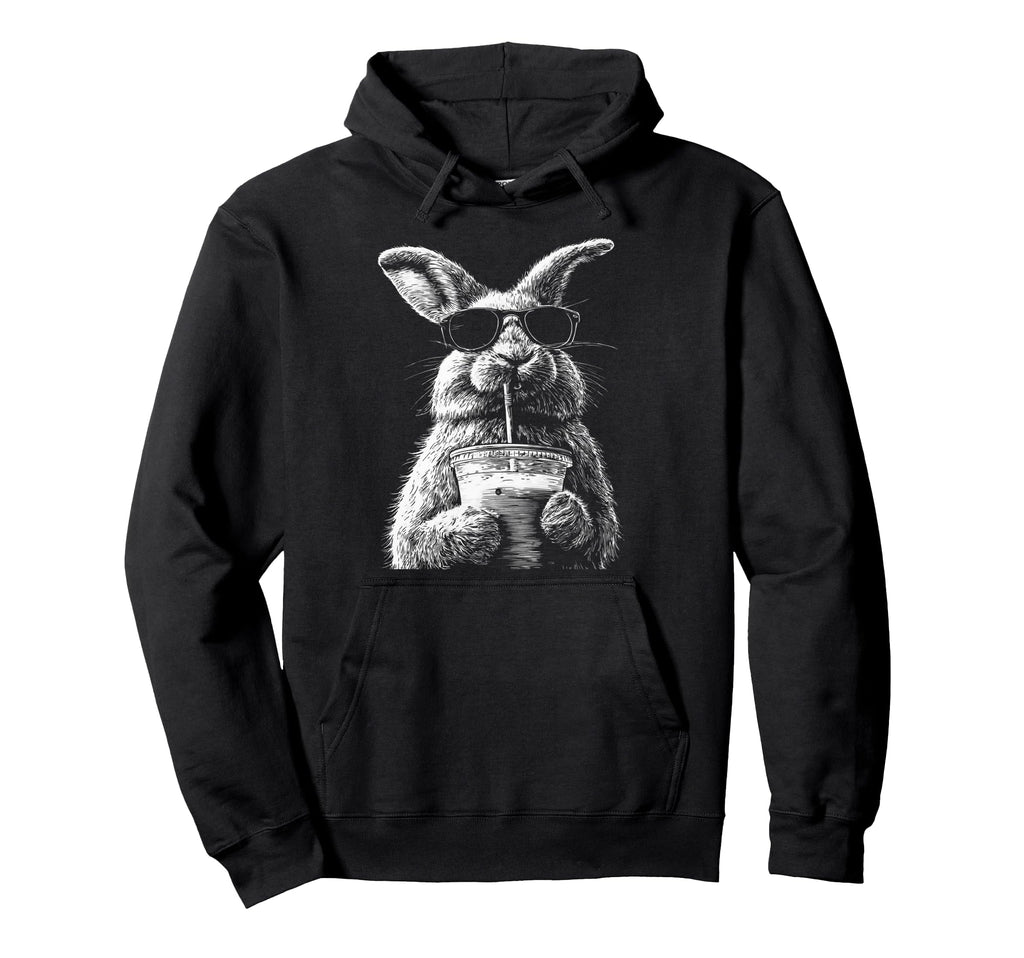 Rabbit Drinking Iced Coffee Funny Hoodie - Custom Art Print for Adults - T-Shirt, Sweatshirt, Hoodie