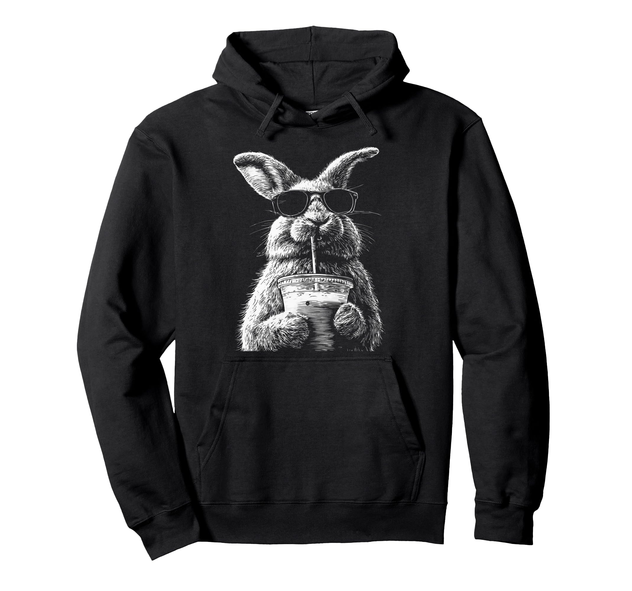 Rabbit Drinking Iced Coffee Funny Hoodie - Custom Art Print for Adults - T-Shirt, Sweatshirt, Hoodie