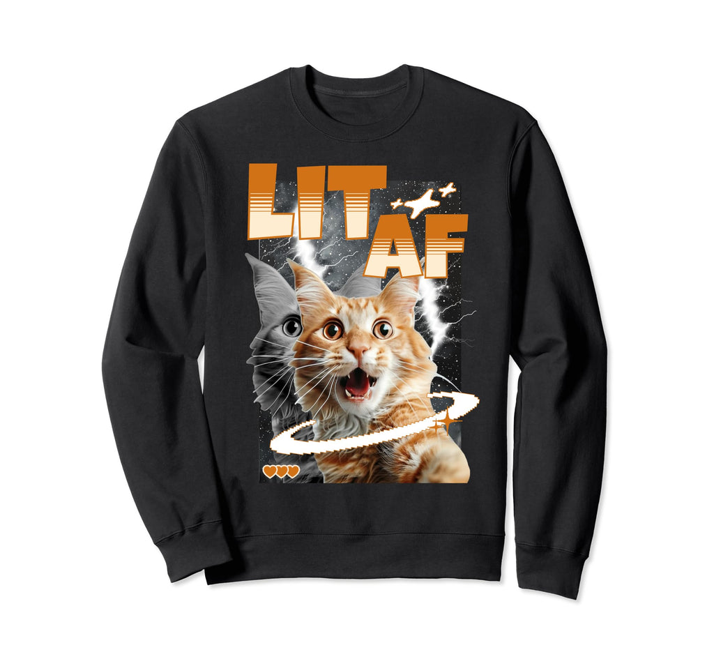 Lit Af Funny Cat Meme Face Y2K Galaxy Sweatshirt - Trendy Graphic Unisex - T-Shirt, Sweatshirt, Hoodie