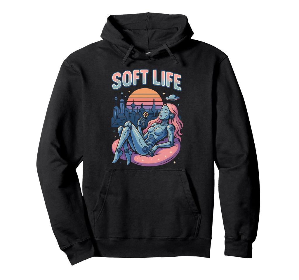 Soft Life Robot Retrofuture City Y2K Hoodie - Trendy Graphic for Adults - T-Shirt, Sweatshirt, Hoodie