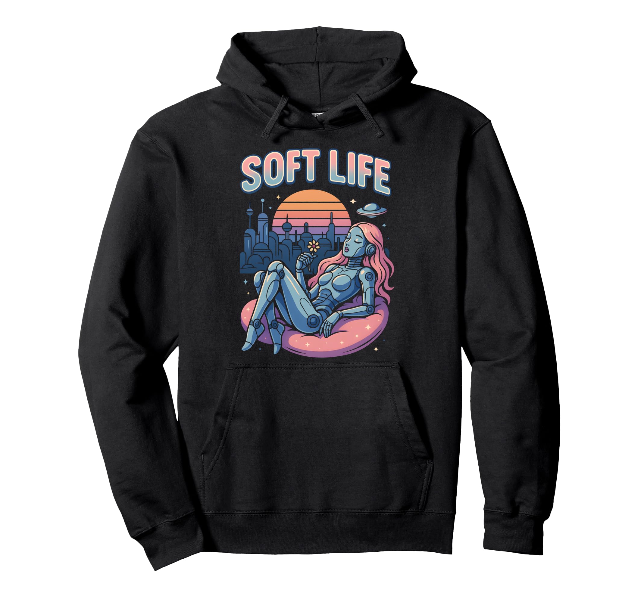 Soft Life Robot Retrofuture City Y2K Hoodie - Trendy Graphic for Adults - T-Shirt, Sweatshirt, Hoodie