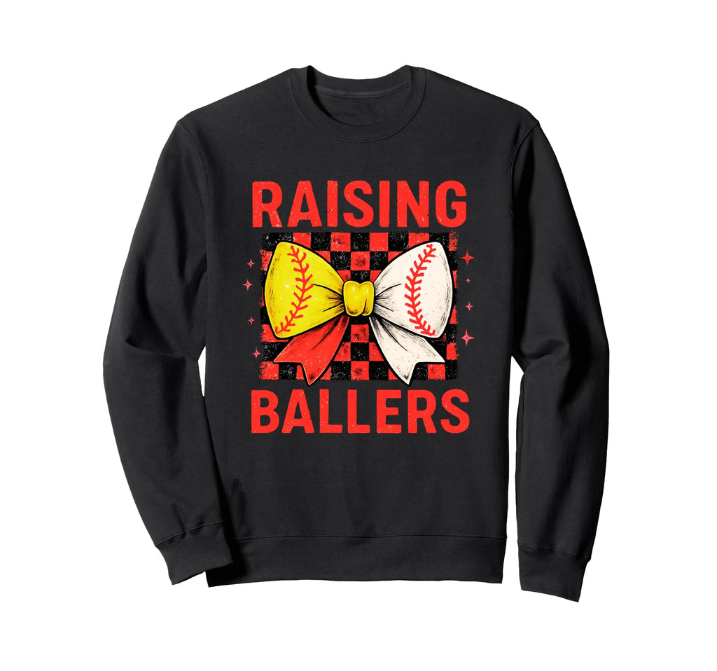 Raising Ballers Checkered Bow Sweatshirt - Novelty Apparel Unisex - T-Shirt, Sweatshirt, Hoodie