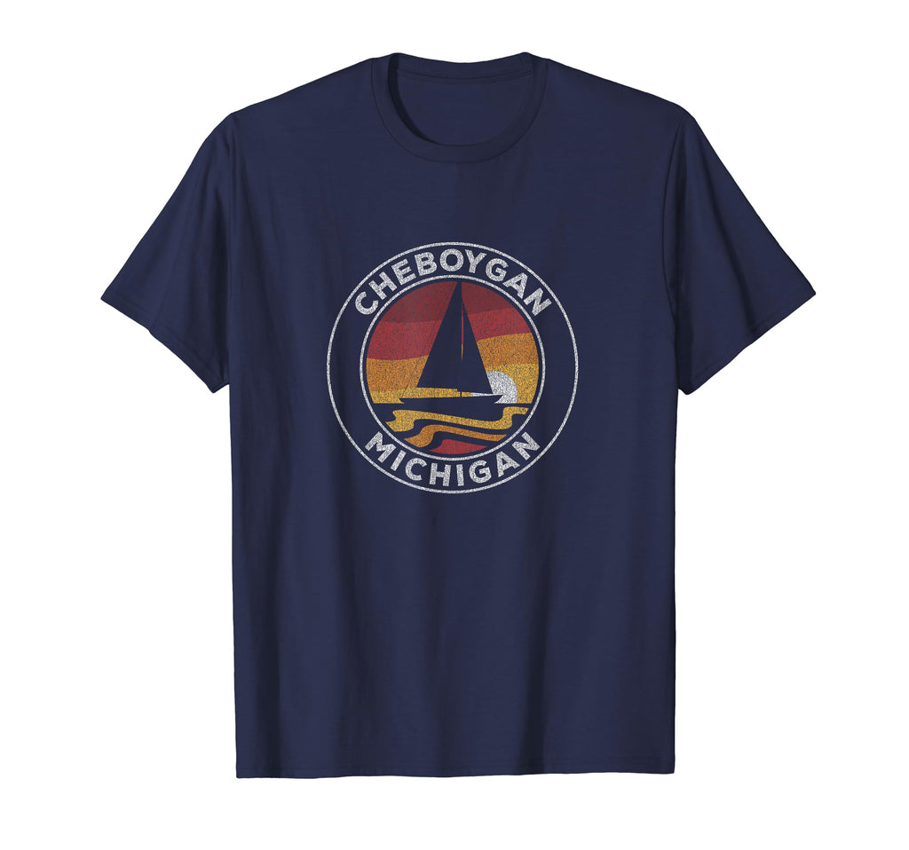 Cheboygan Michigan Sailboat 70S Sunset T-Shirt - Unique Graphic Men Women - T-Shirt, Sweatshirt, Hoodie