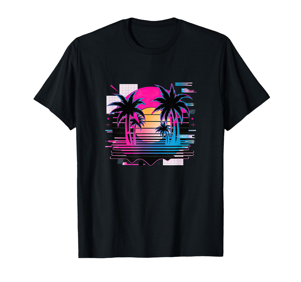 Synthwave Vaporwave Palm Sunset Tv Glitch T-Shirt - Graphic Print Unisex - T-Shirt, Sweatshirt, Hoodie