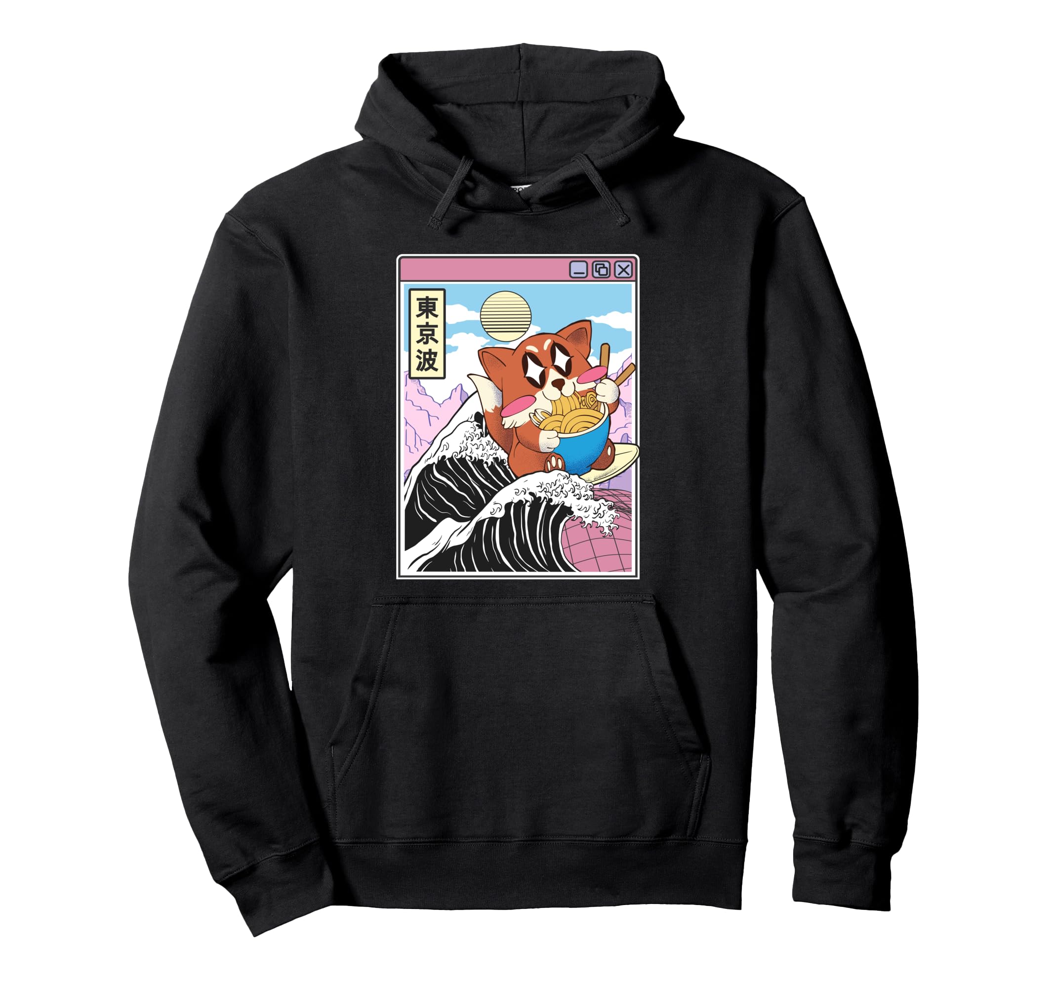 Fox Surfing Kanagawa Wave Kawaii Hoodie - Aesthetic Graphic for Adults - T-Shirt, Sweatshirt, Hoodie