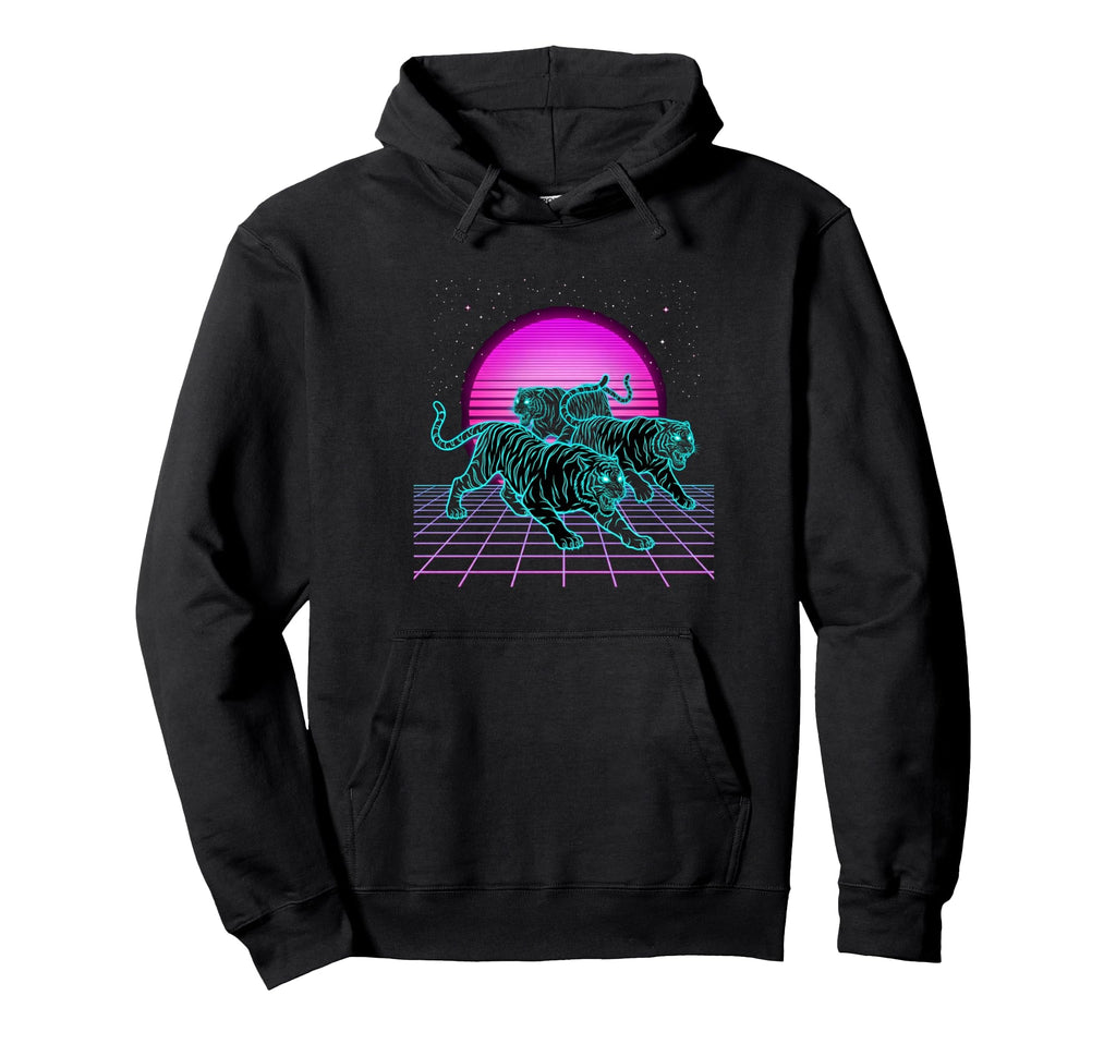 Three Running Tigers Retrowave Hoodie - Casual Everyday Wear Men Women - T-Shirt, Sweatshirt, Hoodie