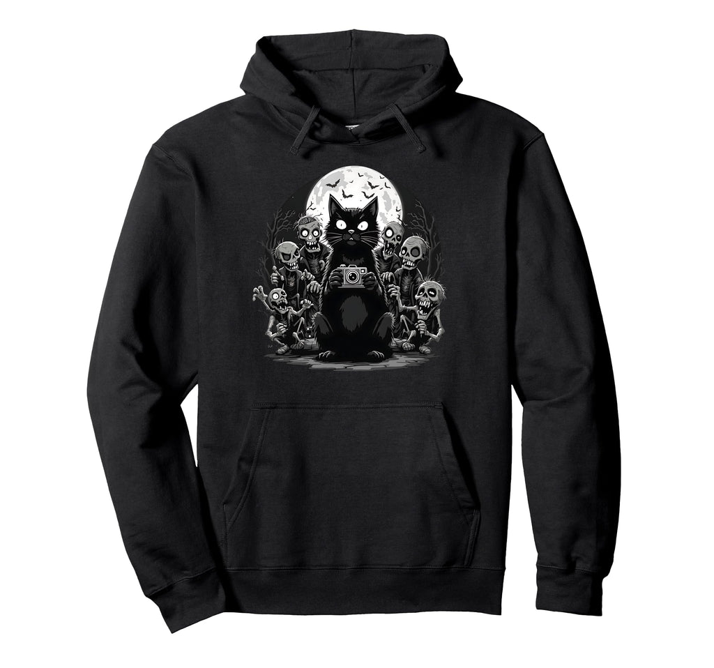 Halloween Cat Zombie Camera Spooky Horror Hoodie - Graphic Print Men Women - T-Shirt, Sweatshirt, Hoodie