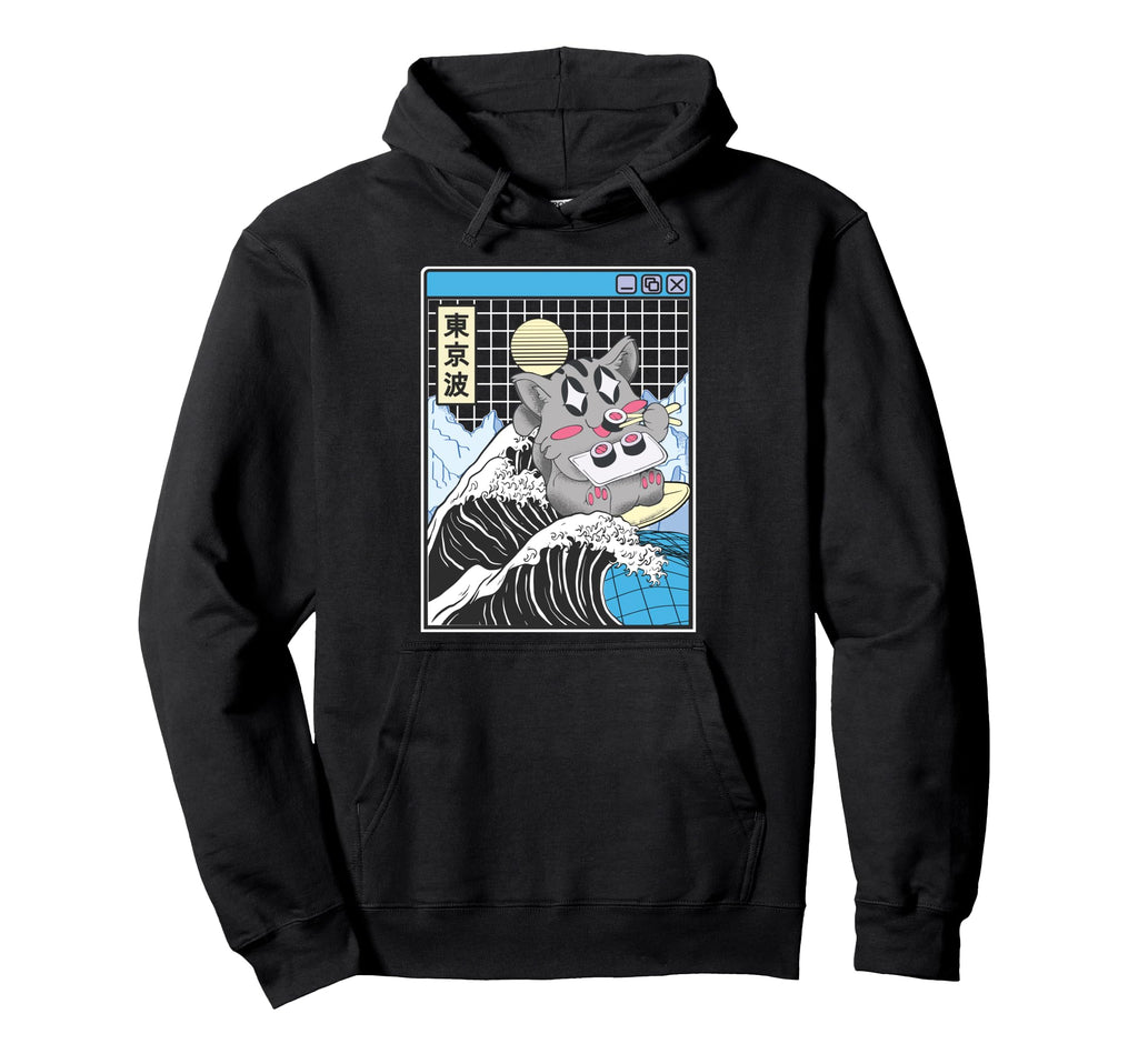 Cat Eating Sushi Surfing Kanagawa Wave Hoodie - Novelty Apparel Men Women - T-Shirt, Sweatshirt, Hoodie