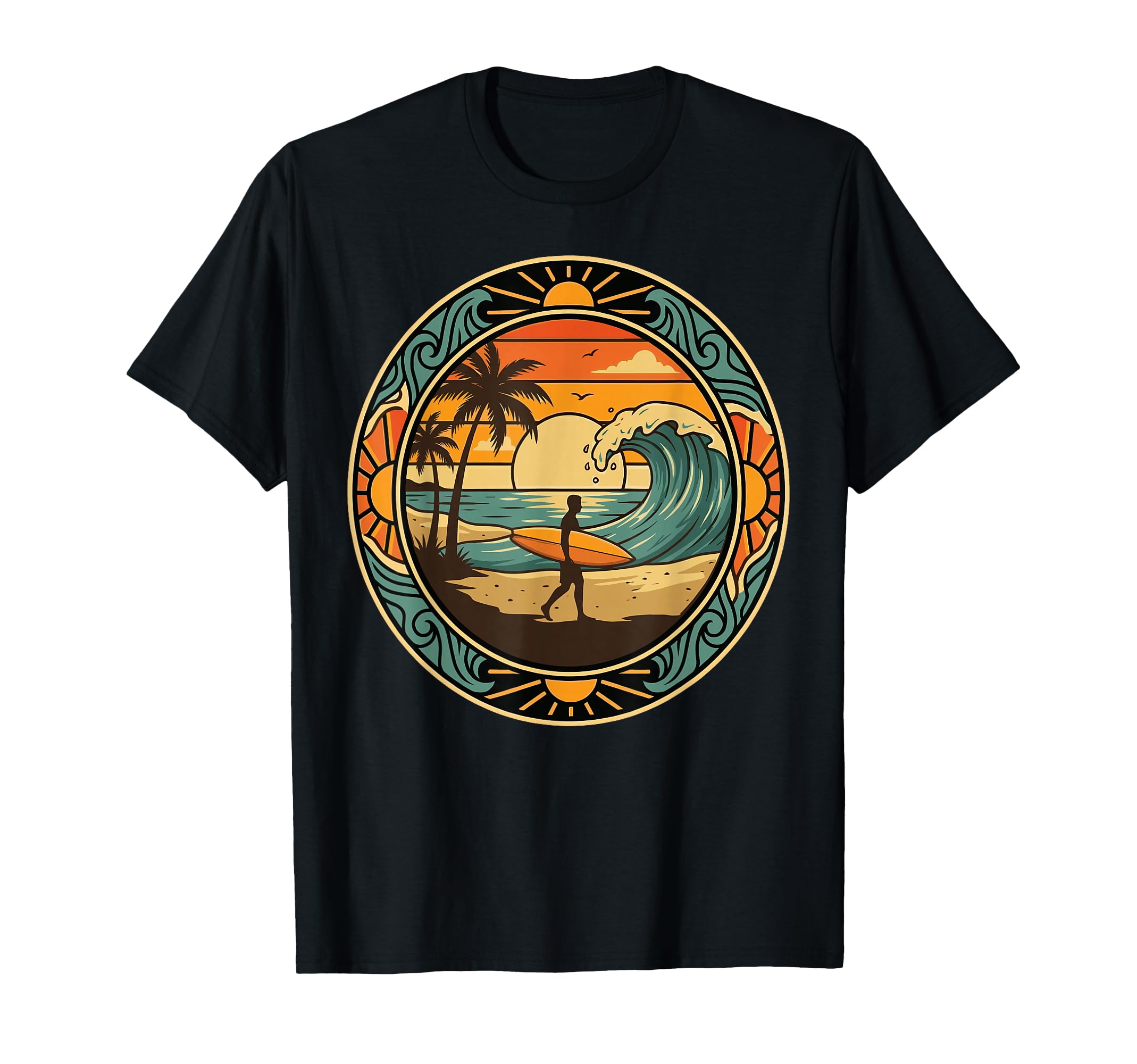 Surfer Carrying Board Ocean Sunset Palm T-Shirt - Unique Graphic Men Women - T-Shirt, Sweatshirt, Hoodie