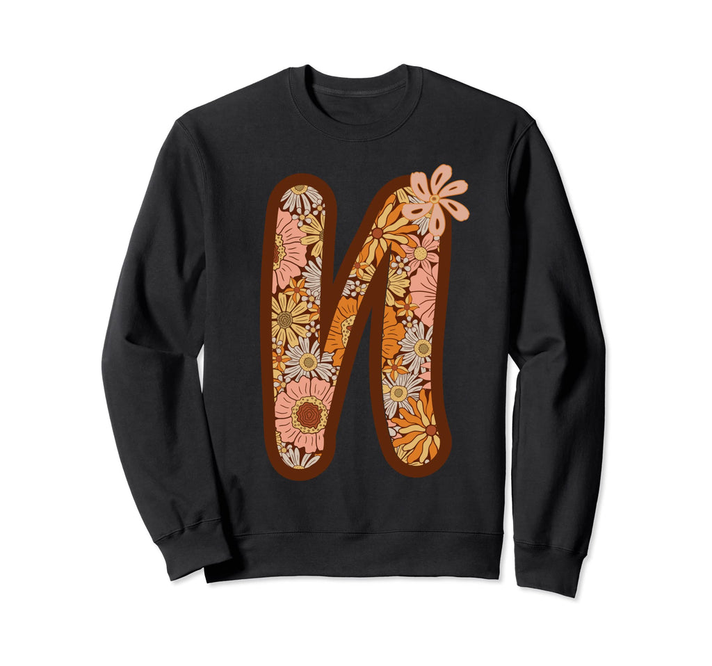 Boho Groovy Floral Letter N Sweatshirt - Aesthetic Graphic Men Women - T-Shirt, Sweatshirt, Hoodie