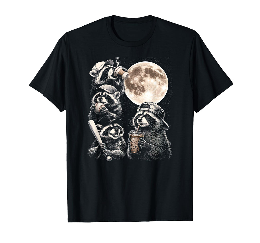 Raccoon Playing Baseball Howling Moon T-Shirt - Trendy Graphic Unisex - T-Shirt, Sweatshirt, Hoodie