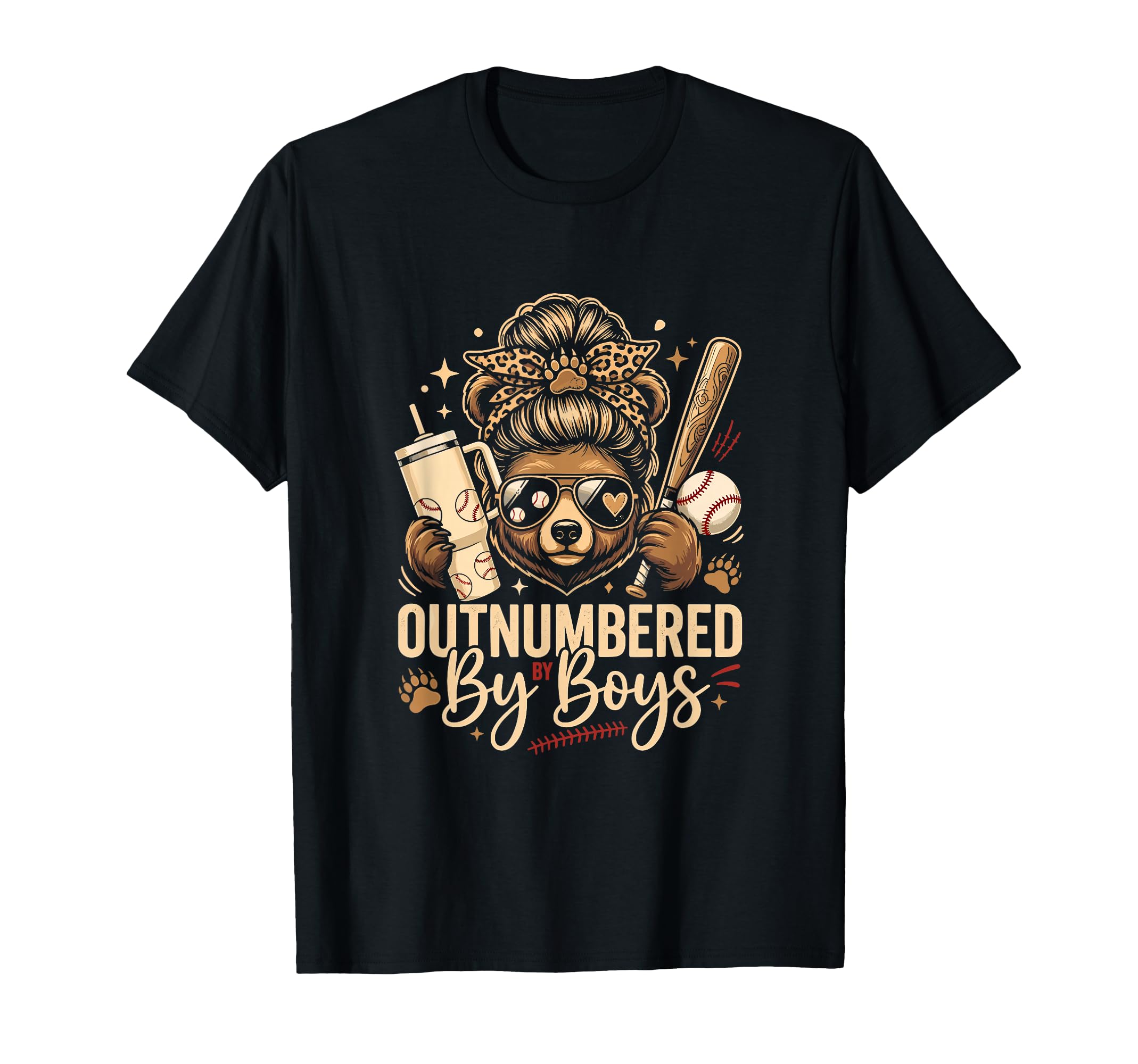 Outnumbered Baseball Mom Messy Bun Bear T-Shirt - Streetwear Style Unisex - T-Shirt, Sweatshirt, Hoodie
