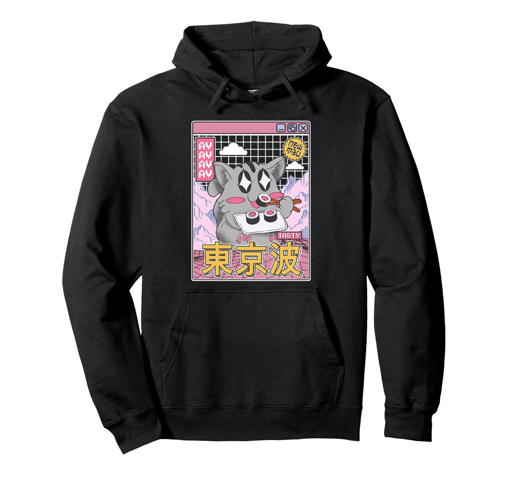 Happy Cat Eating Sushi Vaporwave Hoodie - Fun Novelty Design for Adults - T-Shirt, Sweatshirt, Hoodie