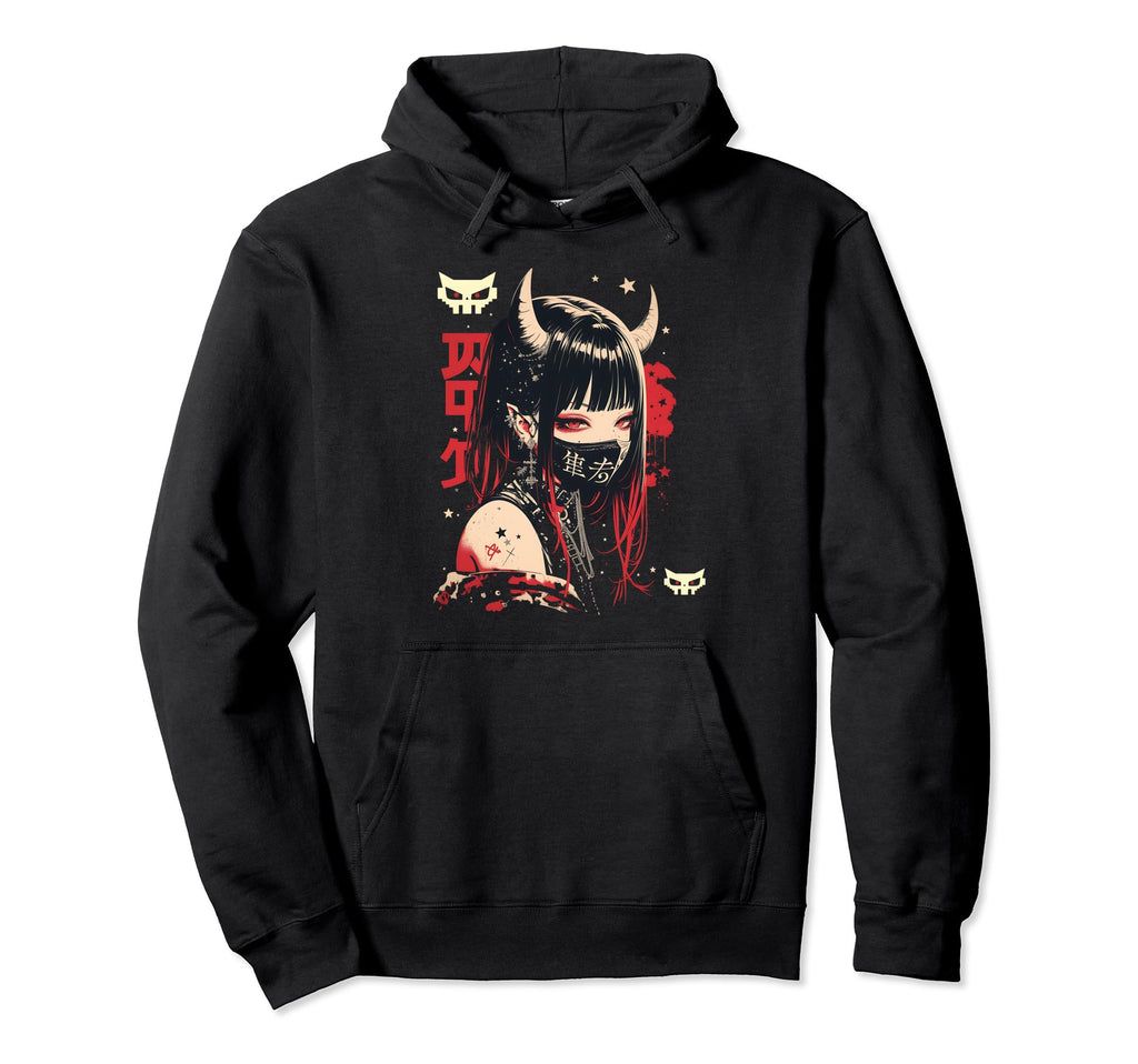 Goth Grunge Demon Anime Waifu Horror Hoodie - Minimalist Print Men Women - T-Shirt, Sweatshirt, Hoodie