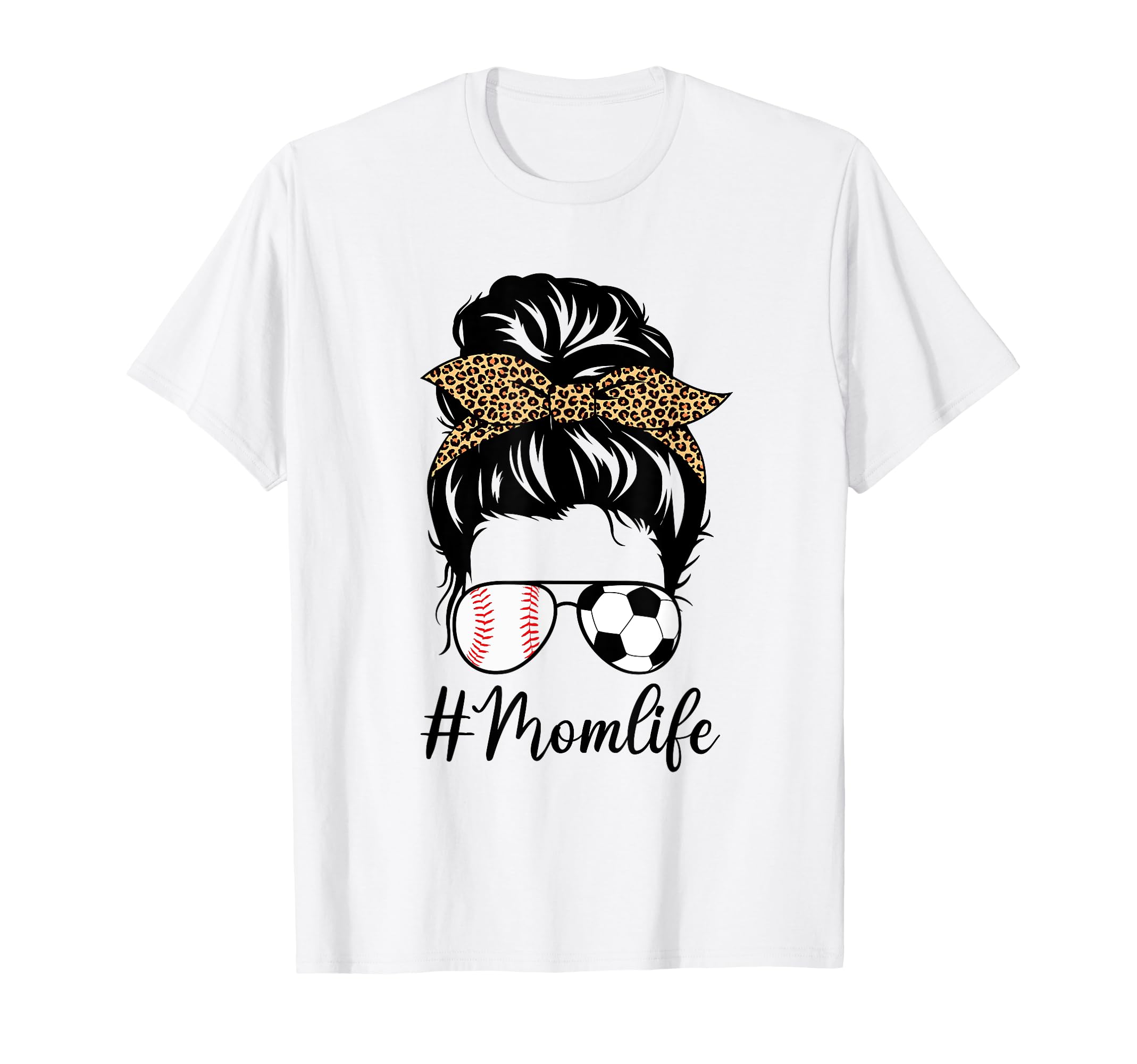 Soccer And Baseball Mom Messy Bun Leopard T-Shirt - Novelty Apparel Unisex - T-Shirt, Sweatshirt, Hoodie
