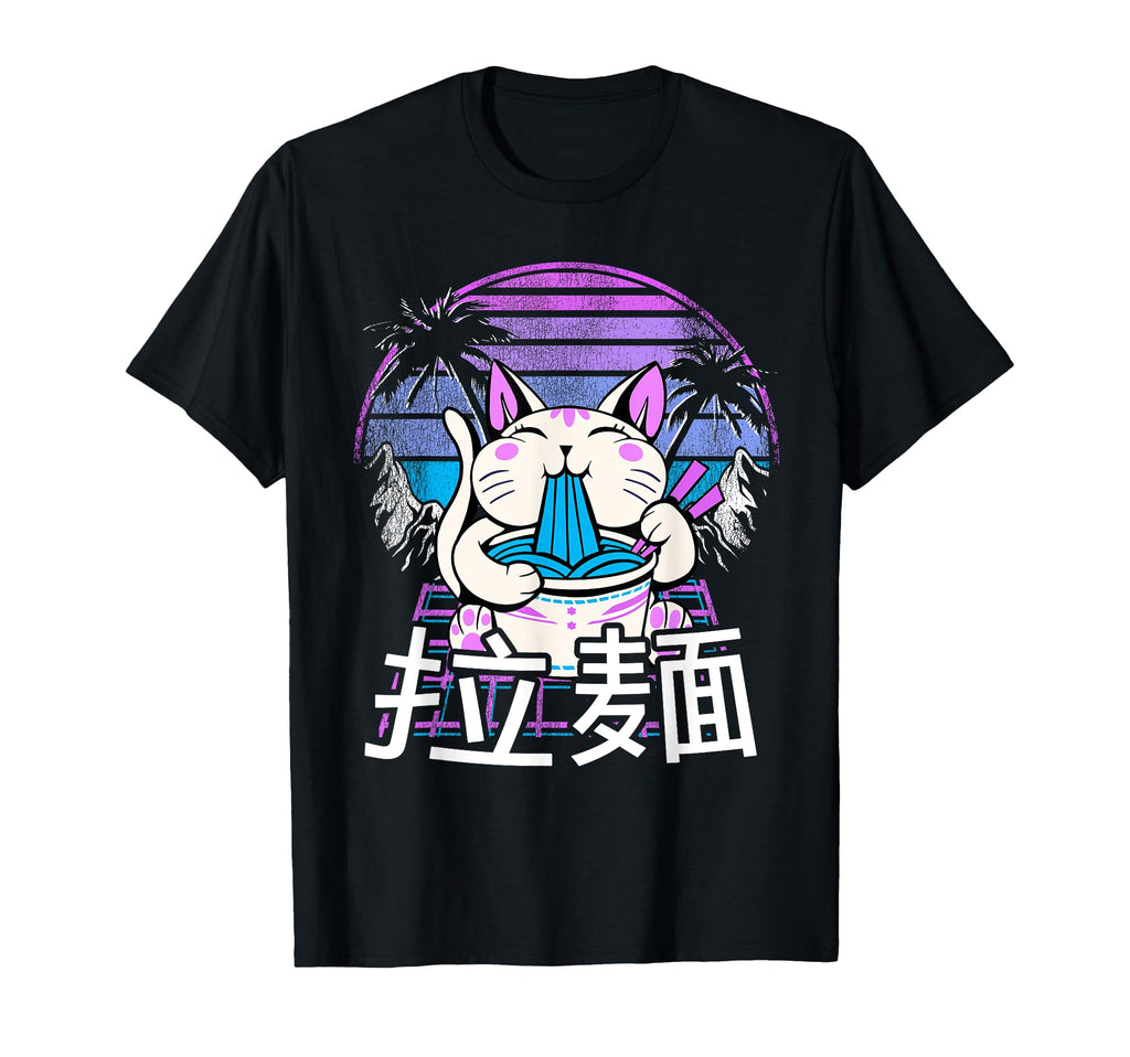 Ramen Cat Anime Retrowave Sunset 80S T-Shirt - Custom Art Print Men Women - T-Shirt, Sweatshirt, Hoodie