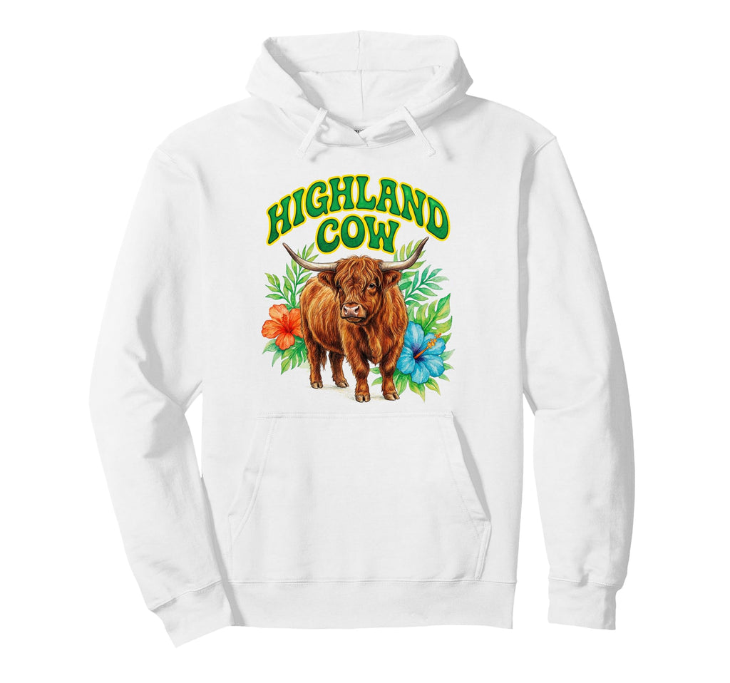 Highland Cow Groovy Floral Watercolor Hoodie - Streetwear Style Men Women - T-Shirt, Sweatshirt, Hoodie