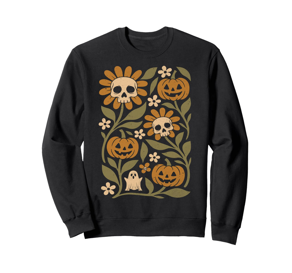 Boho Flower Pumpkin Skull Ghost Sweatshirt - Unique Graphic Unisex - T-Shirt, Sweatshirt, Hoodie