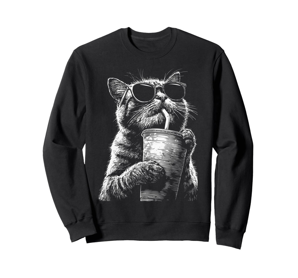 Tabby Cat Drinking Iced Coffee Sweatshirt - Unique Graphic for Adults - T-Shirt, Sweatshirt, Hoodie