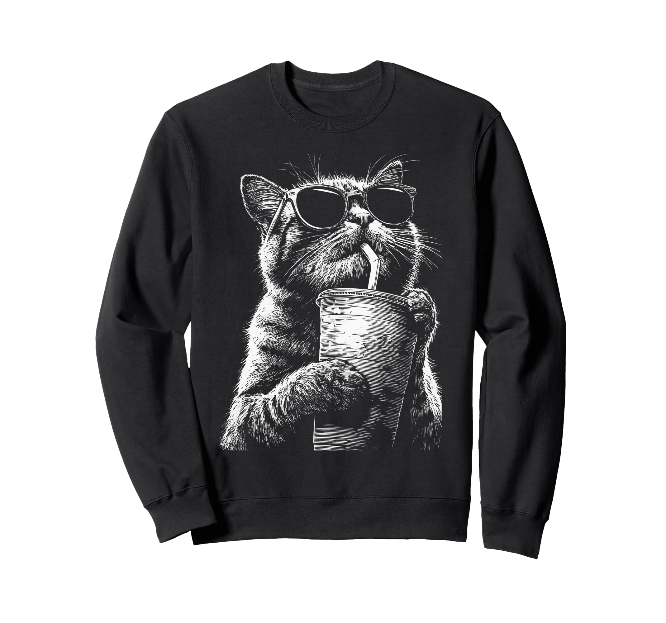 Tabby Cat Drinking Iced Coffee Sweatshirt - Unique Graphic for Adults - T-Shirt, Sweatshirt, Hoodie