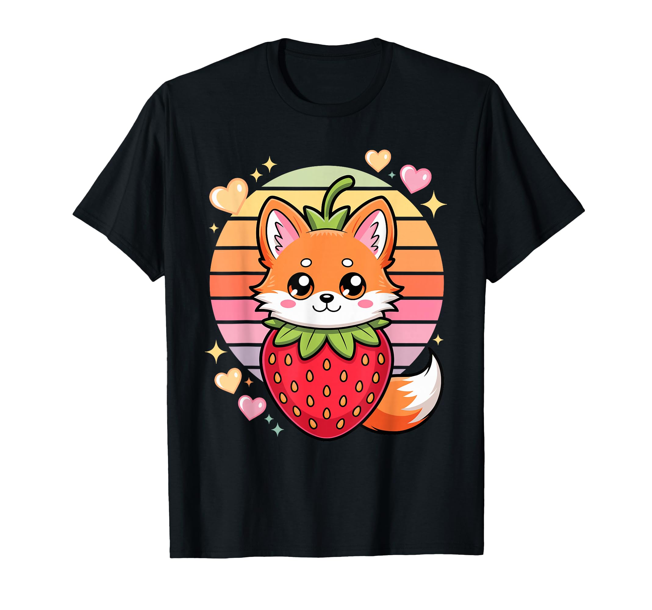 Kawaii Strawberry Fox Sunset Hearts T-Shirt - Custom Art Print for Adults - T-Shirt, Sweatshirt, Hoodie
