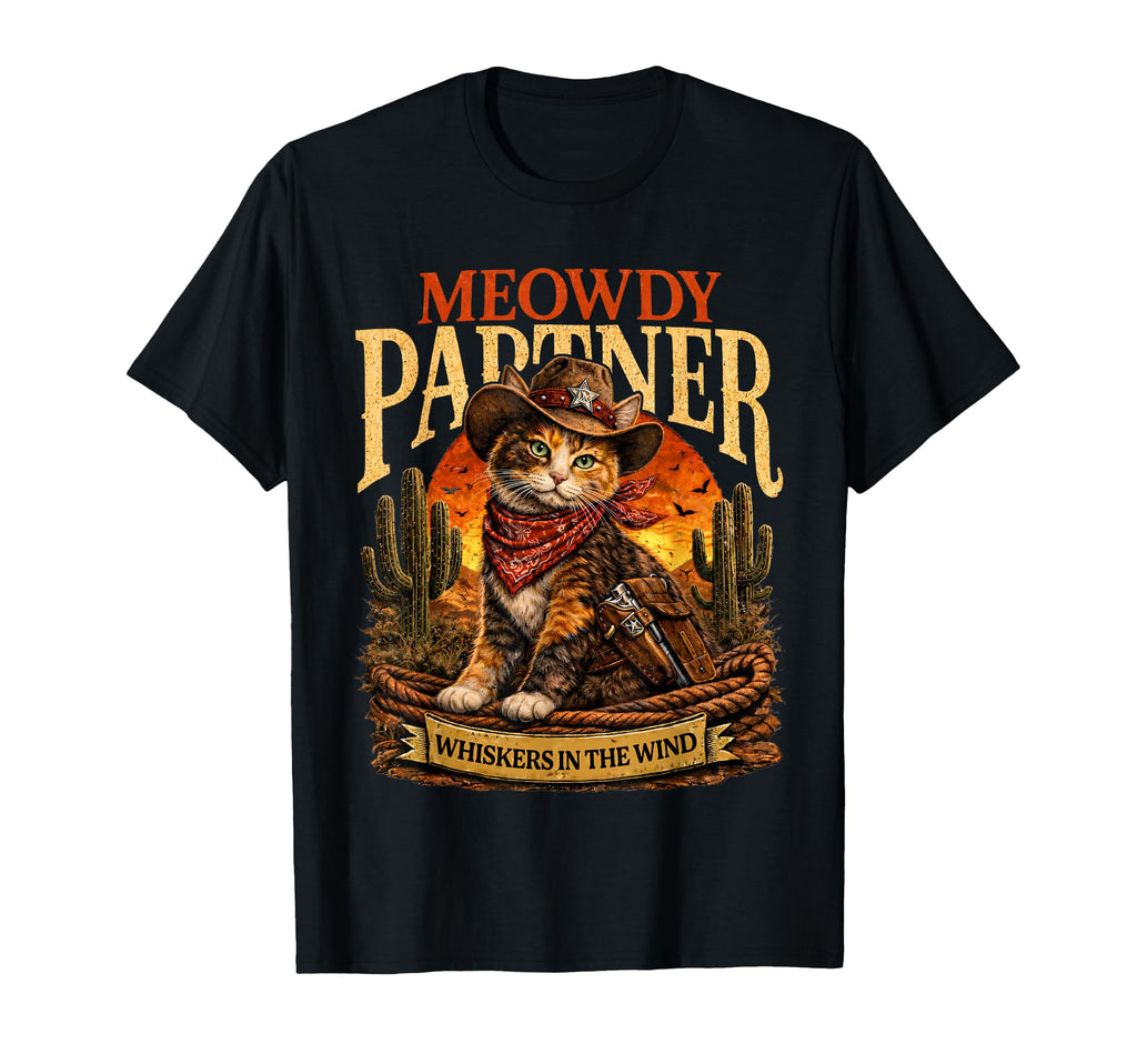Meowdy Partner Whiskers Wind Cowboy Cat T-Shirt - Custom Art Print Unisex - T-Shirt, Sweatshirt, Hoodie