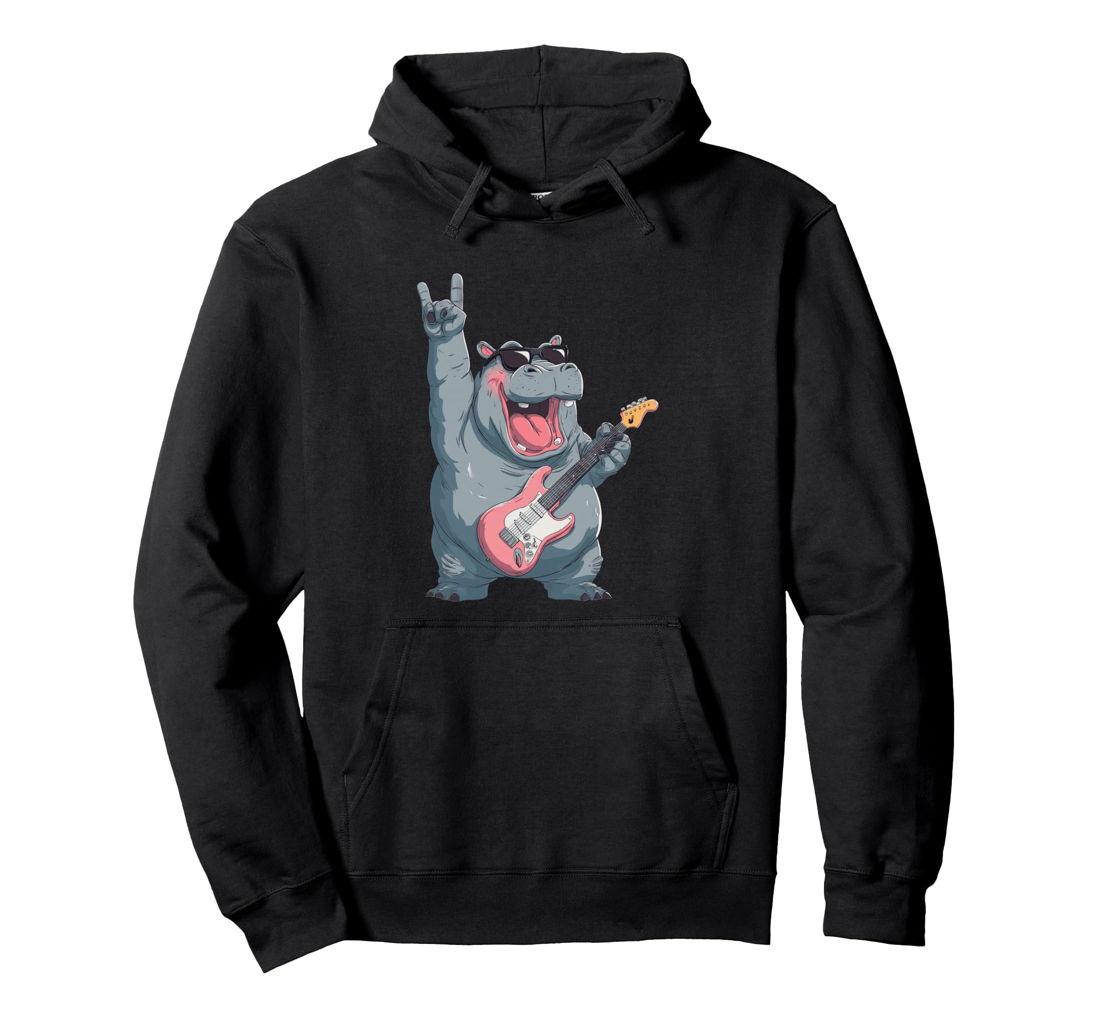 Hippo Rock Music Guitarist Funny Animal Hoodie - Unique Graphic for Adults - T-Shirt, Sweatshirt, Hoodie