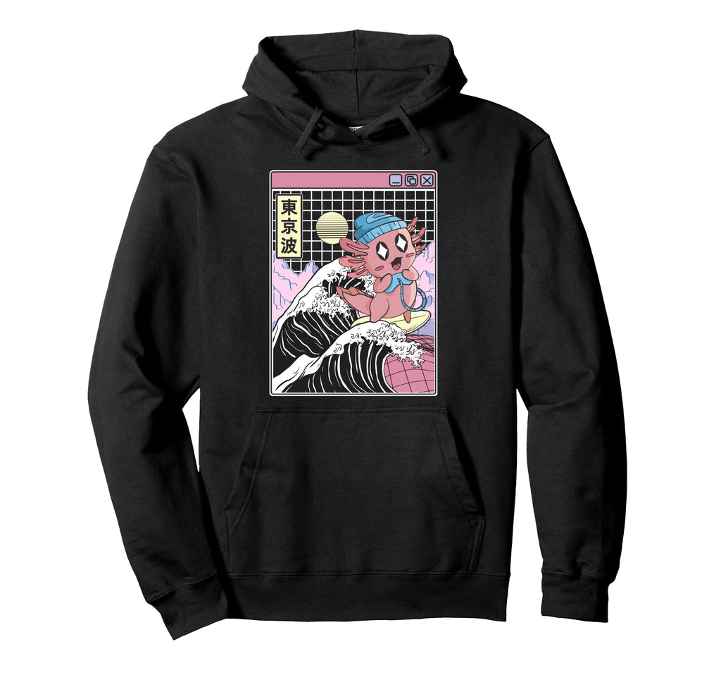 Gaming Axolotl Surfing Kanagawa Wave Hoodie - Streetwear Style Unisex - T-Shirt, Sweatshirt, Hoodie