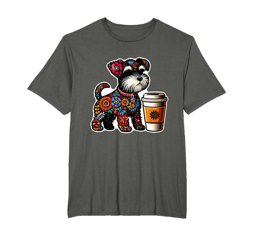 Miniature Schnauzer Coffee Lover Floral T-Shirt - Custom Art Print Unisex - T-Shirt, Sweatshirt, Hoodie