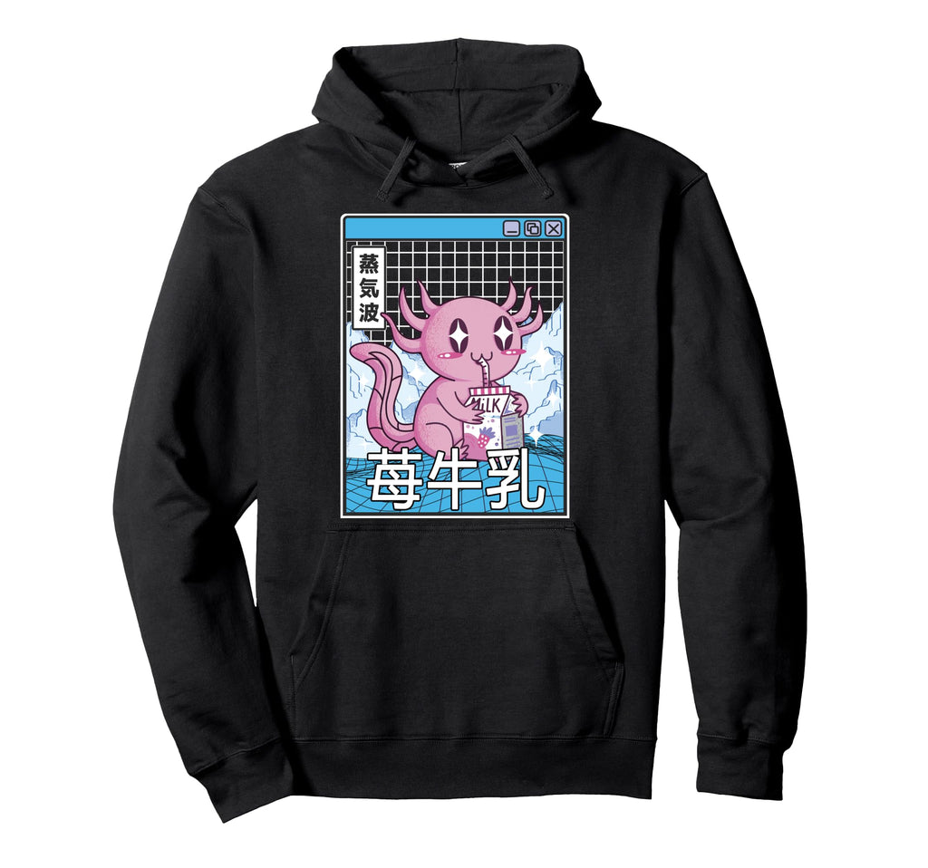 Axolotl Drinking Strawberry Milk Hoodie - Fun Novelty Design Men Women - T-Shirt, Sweatshirt, Hoodie