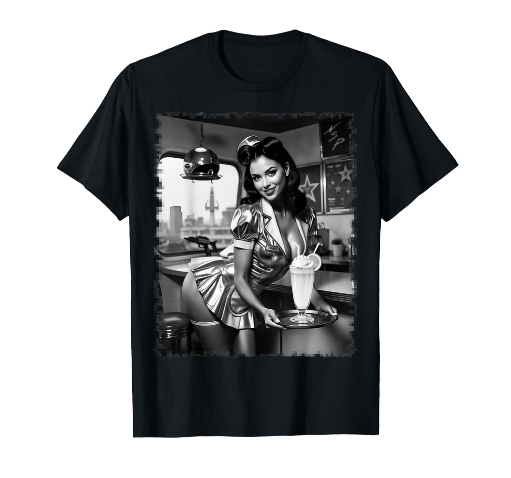 Pinup Sexy Brunette Waitress Pin Up Bw T-Shirt - Minimalist Print Men Women - T-Shirt, Sweatshirt, Hoodie