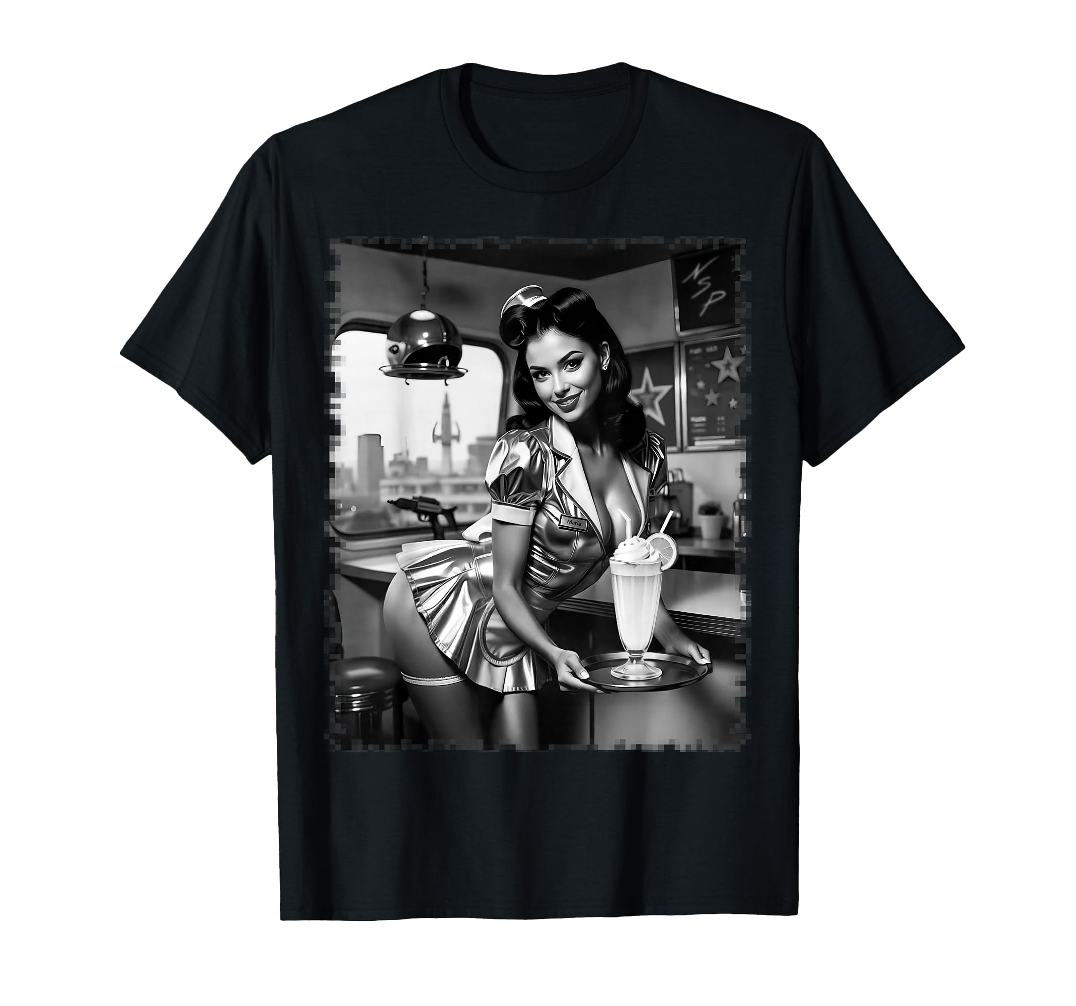 Pinup Sexy Brunette Waitress Pin Up Bw T-Shirt - Minimalist Print Men Women - T-Shirt, Sweatshirt, Hoodie