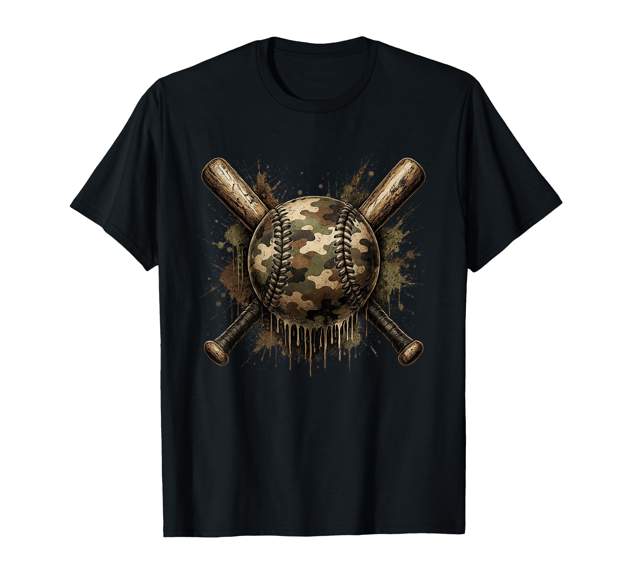 Camo Baseball Crossed Bats Grunge Sports T-Shirt - Trendy Graphic Men Women - T-Shirt, Sweatshirt, Hoodie