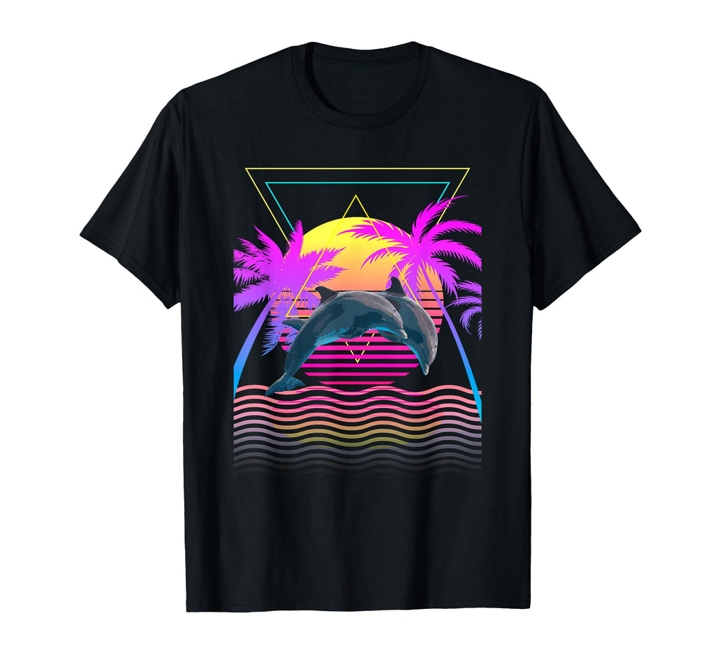 1980S 1990S Dolphins Palm Trees Sunset T-Shirt - Graphic Print for Adults - T-Shirt, Sweatshirt, Hoodie