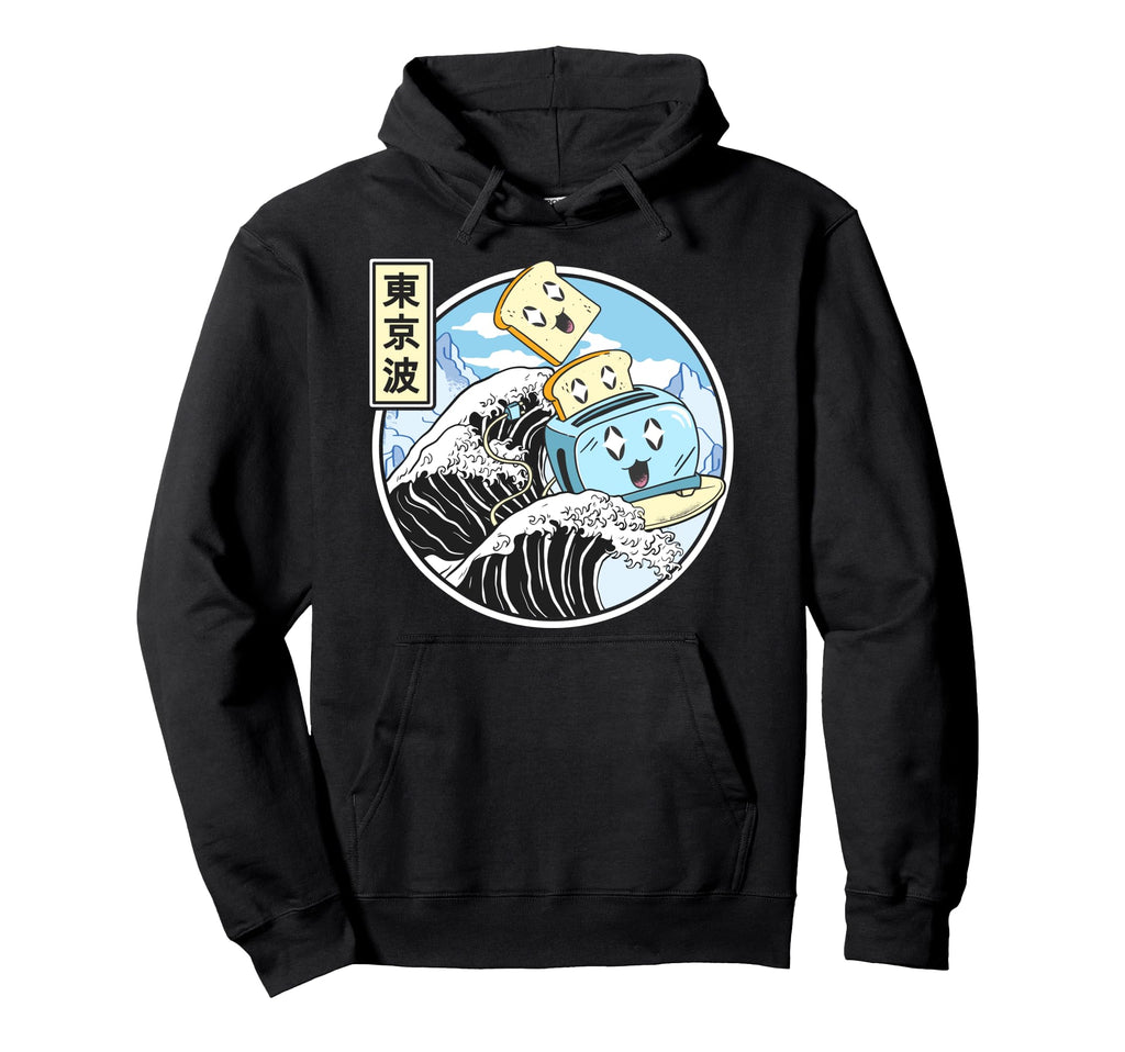 Toaster Surfing Kanagawa Wave Kawaii Hoodie - Minimalist Print for Adults - T-Shirt, Sweatshirt, Hoodie