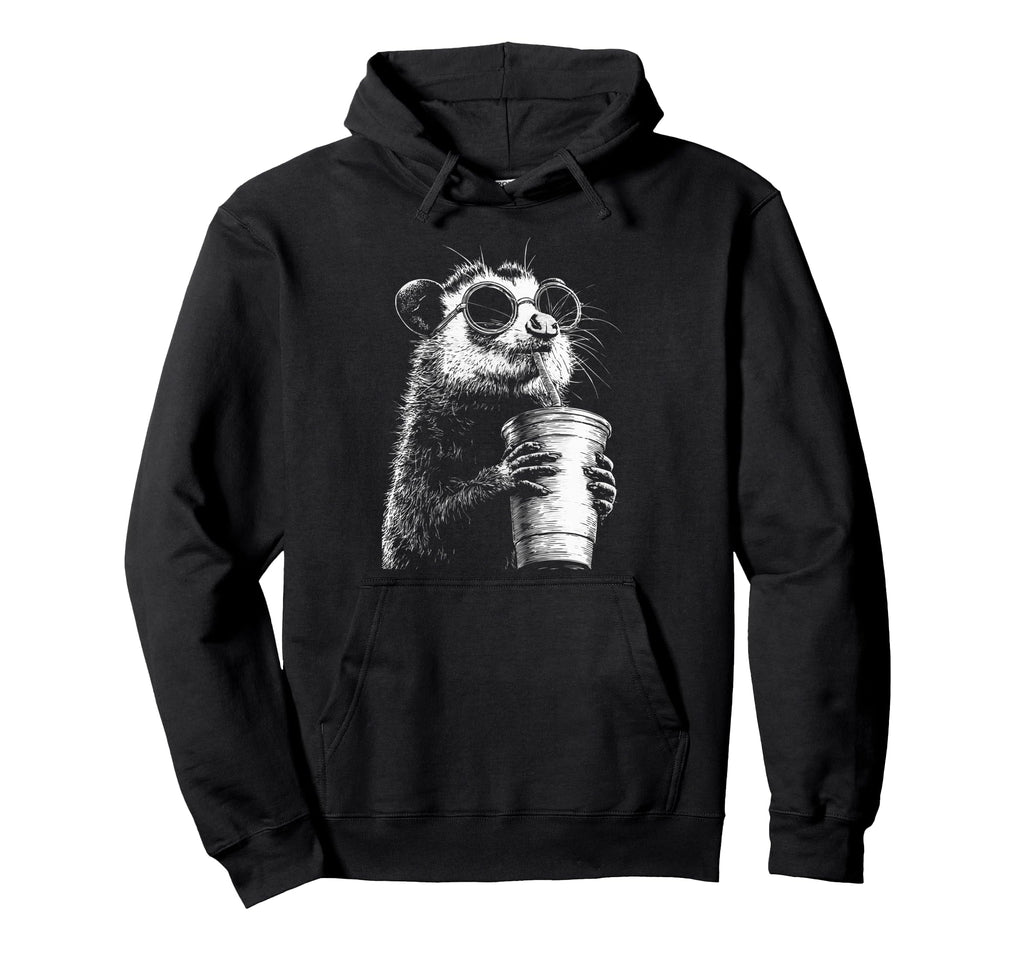 Opossum Drinking Iced Coffee Funny Hoodie - Graphic Print for Adults - T-Shirt, Sweatshirt, Hoodie
