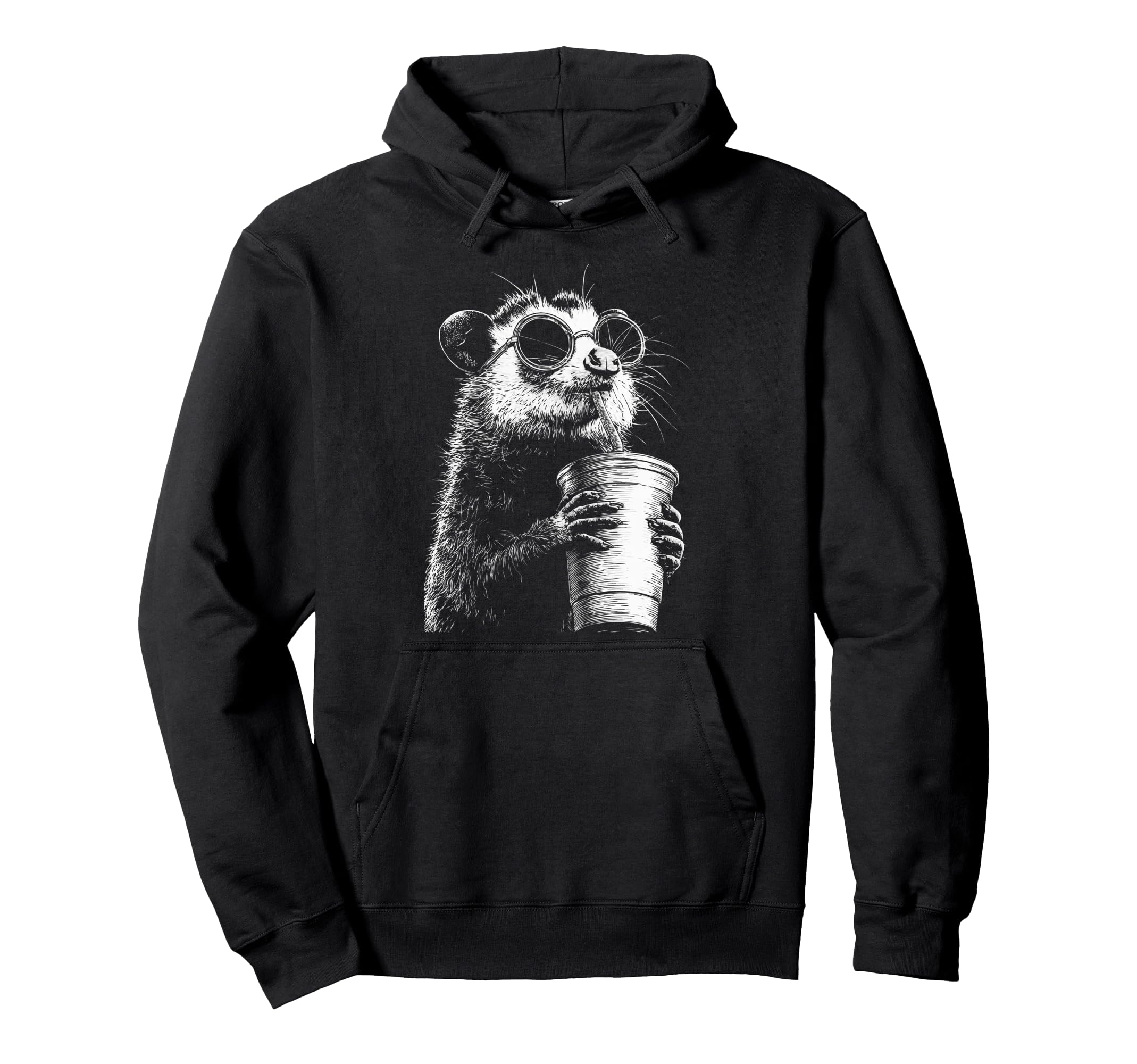 Opossum Drinking Iced Coffee Funny Hoodie - Graphic Print for Adults - T-Shirt, Sweatshirt, Hoodie