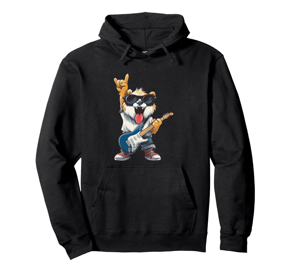Funny Rock Dog Guitar Player Cartoon Hoodie - Novelty Apparel for Adults - T-Shirt, Sweatshirt, Hoodie