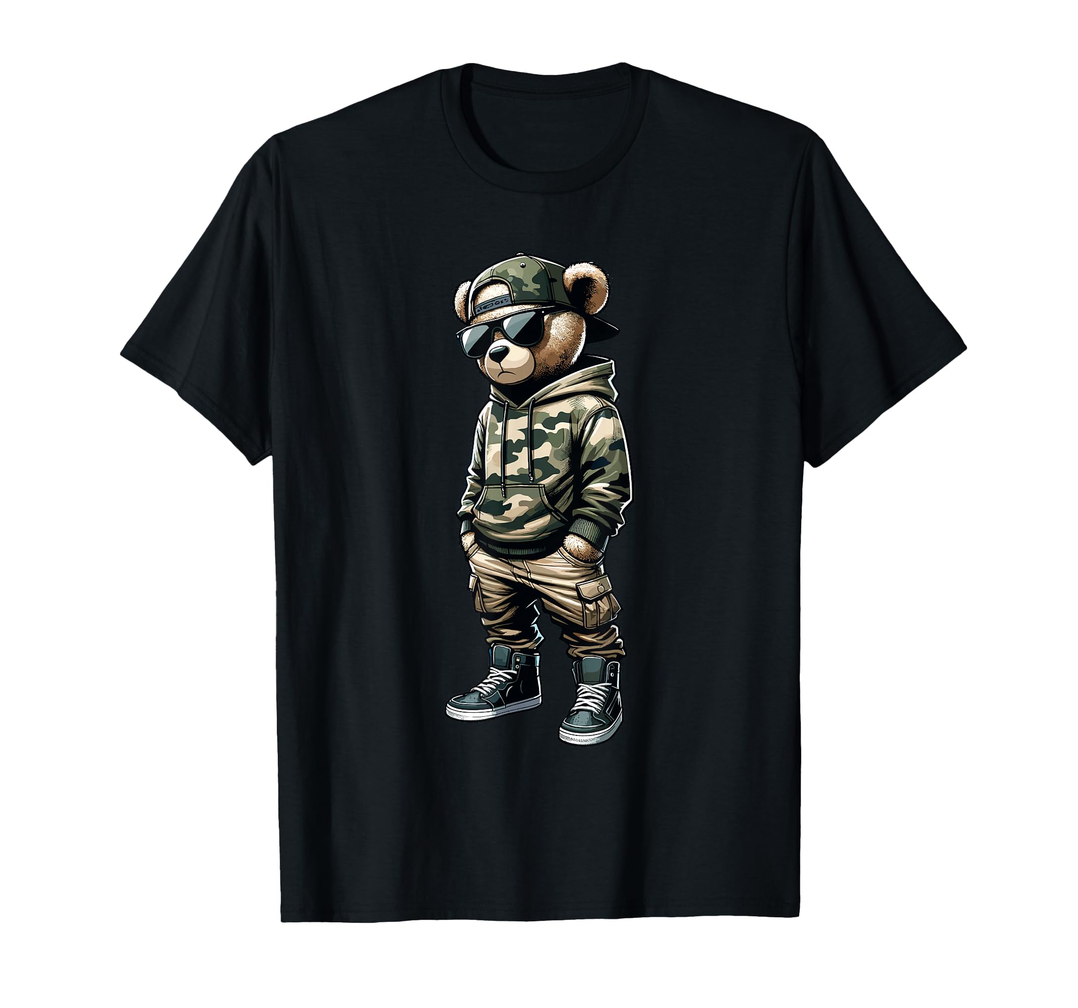 Camo Hip Hop Teddy Bear Rapper T-Shirt - Aesthetic Graphic Unisex - T-Shirt, Sweatshirt, Hoodie