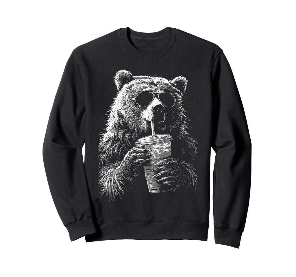 Bear Drinking Iced Coffee Funny Sweatshirt - Novelty Apparel Men Women - T-Shirt, Sweatshirt, Hoodie