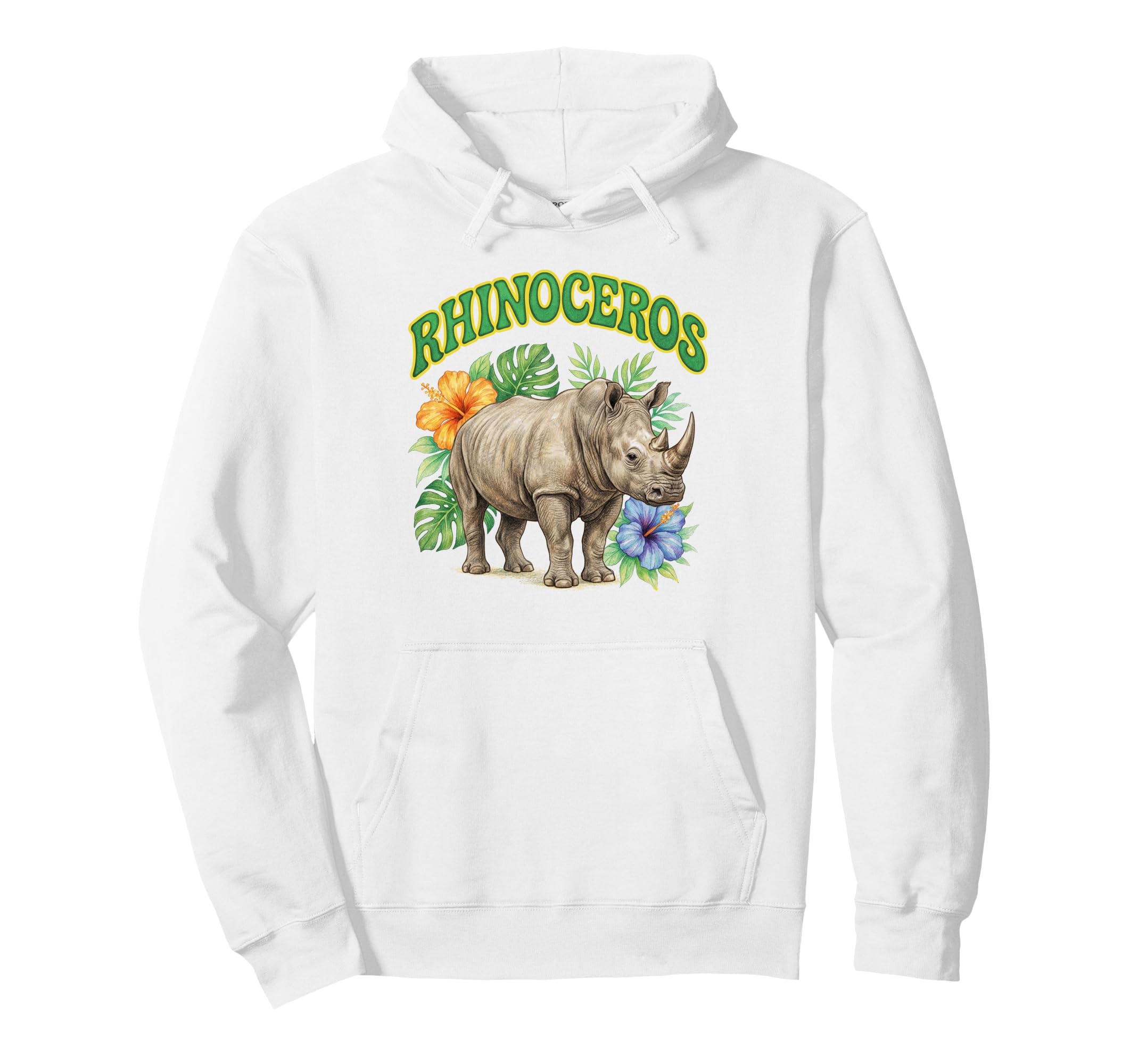 Rhino Groovy Floral Watercolor Rhino Boho Hoodie - Unique Graphic Unisex - T-Shirt, Sweatshirt, Hoodie