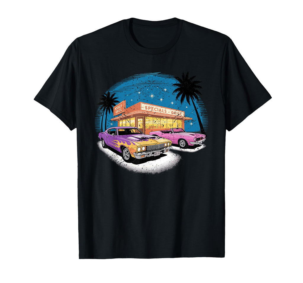 Colorful Muscle Cars Diner Night Scene T-Shirt - Custom Art Print Unisex - T-Shirt, Sweatshirt, Hoodie