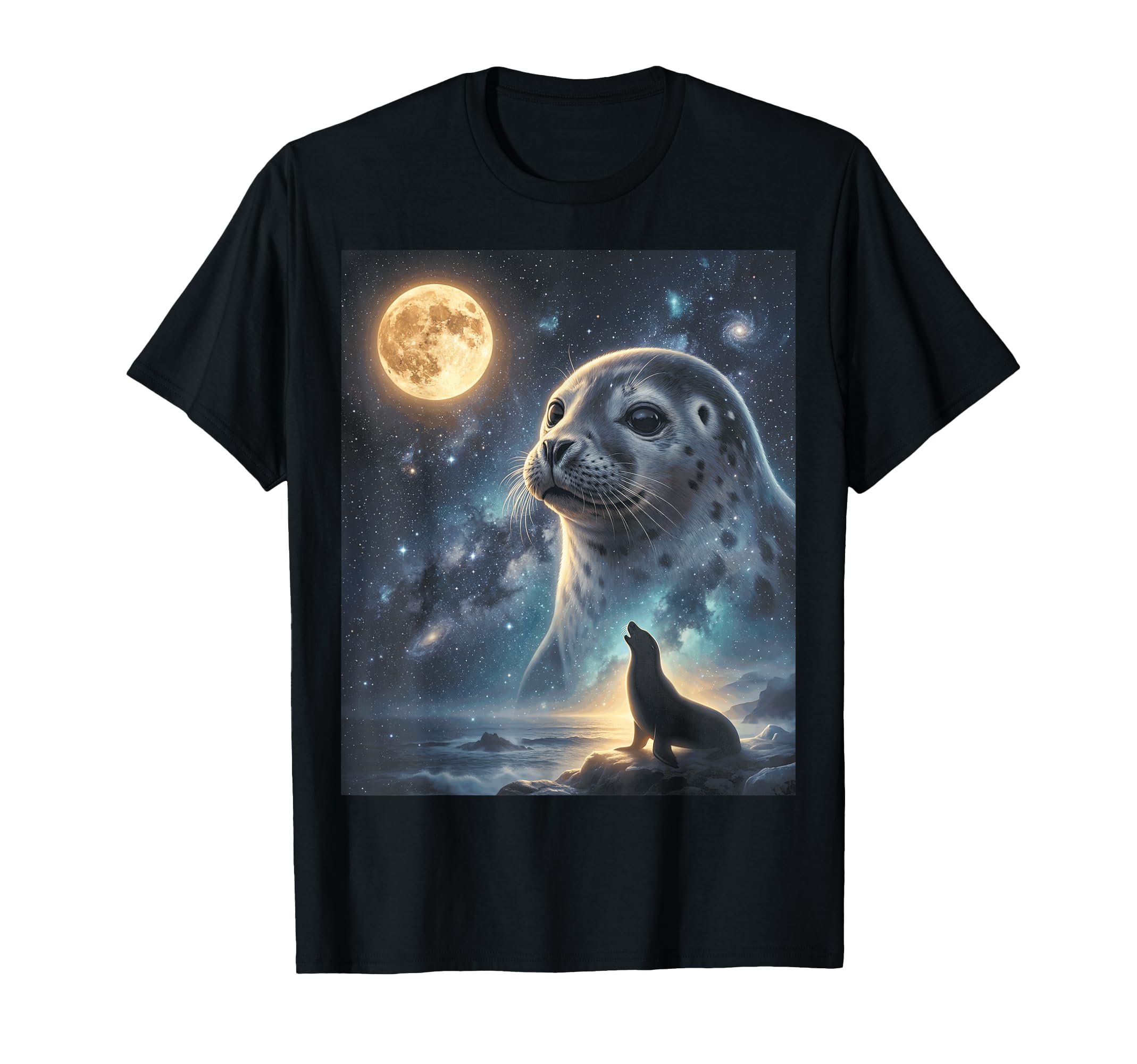 Seal Art Celestial Moon Galaxy Ocean T-Shirt - Graphic Print Men Women - T-Shirt, Sweatshirt, Hoodie