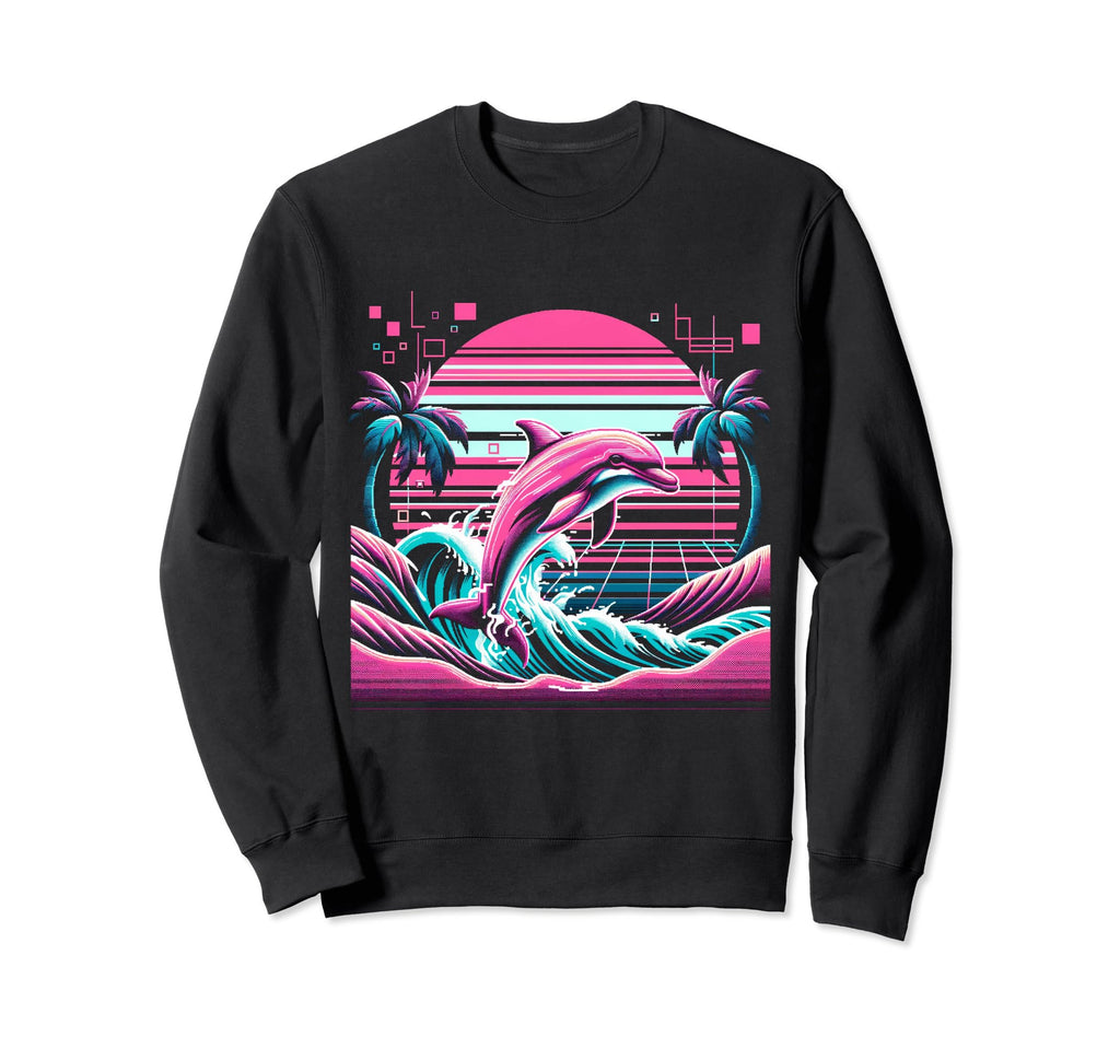 Dolphin Palm Sunset Vaporwave Sweatshirt - Casual Everyday Wear for Adults - T-Shirt, Sweatshirt, Hoodie