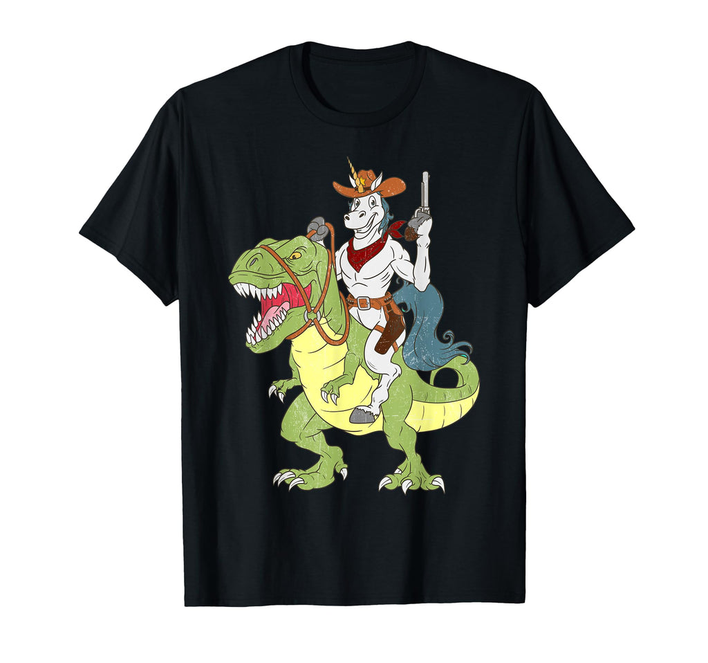 Unicorn Riding Dinosaur T Rex Cowboy T-Shirt - Graphic Print Unisex - T-Shirt, Sweatshirt, Hoodie