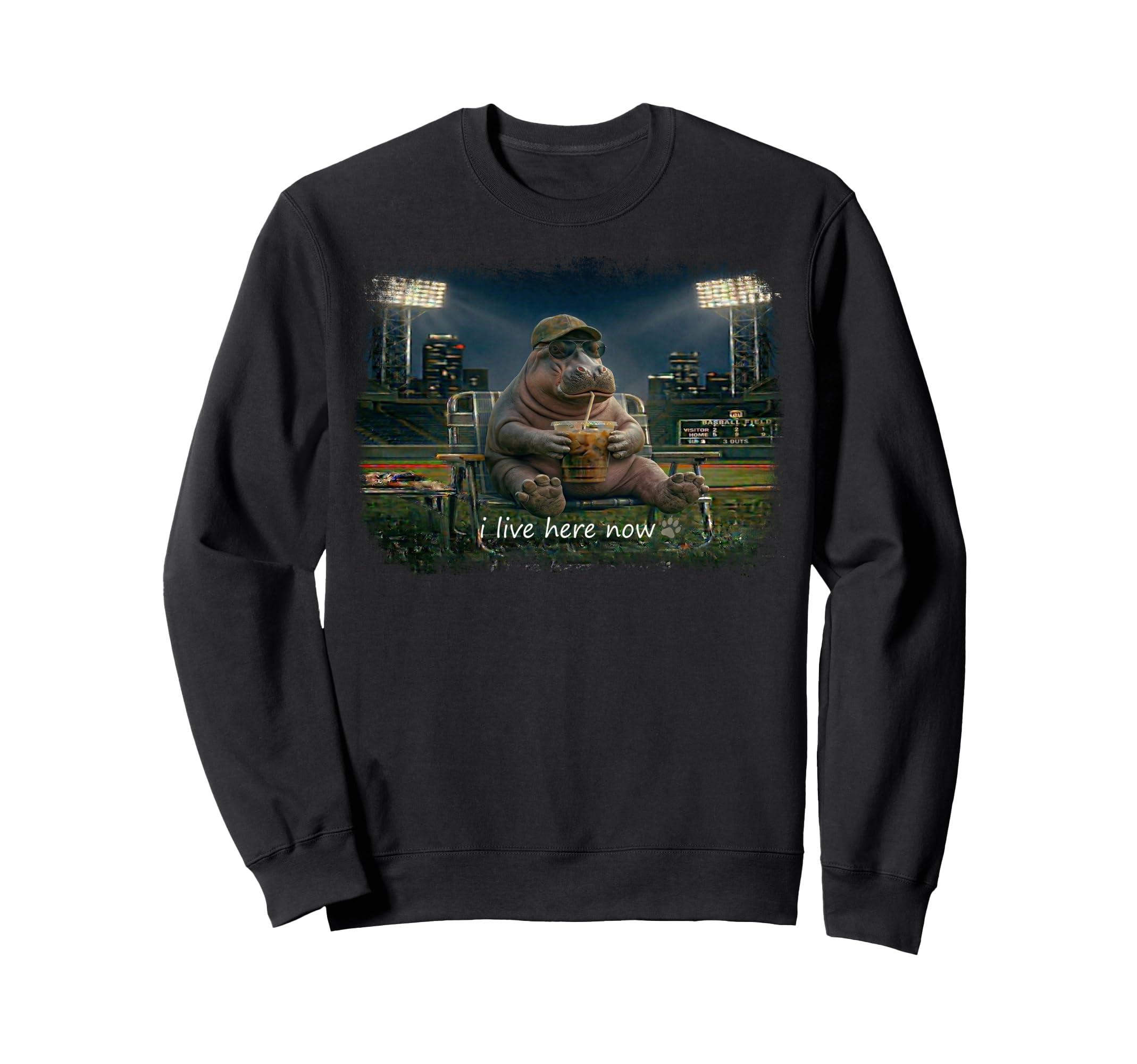 Funny Hippopotamus Ballfield Baseball Sweatshirt - Unique Graphic Unisex - T-Shirt, Sweatshirt, Hoodie