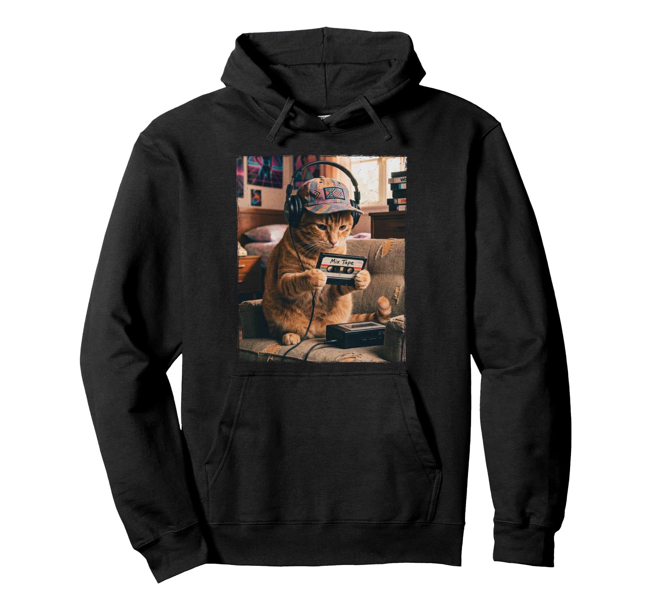 80S Cat Wearing Headphone Listening To Hoodie - Custom Art Print Unisex - T-Shirt, Sweatshirt, Hoodie