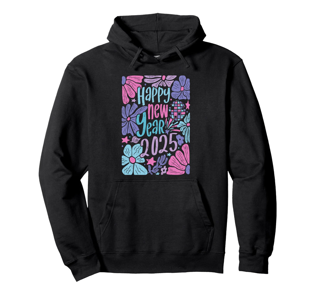 Happy New Year 2025 Groovy Boho Floral Hoodie - Unique Graphic for Adults - T-Shirt, Sweatshirt, Hoodie
