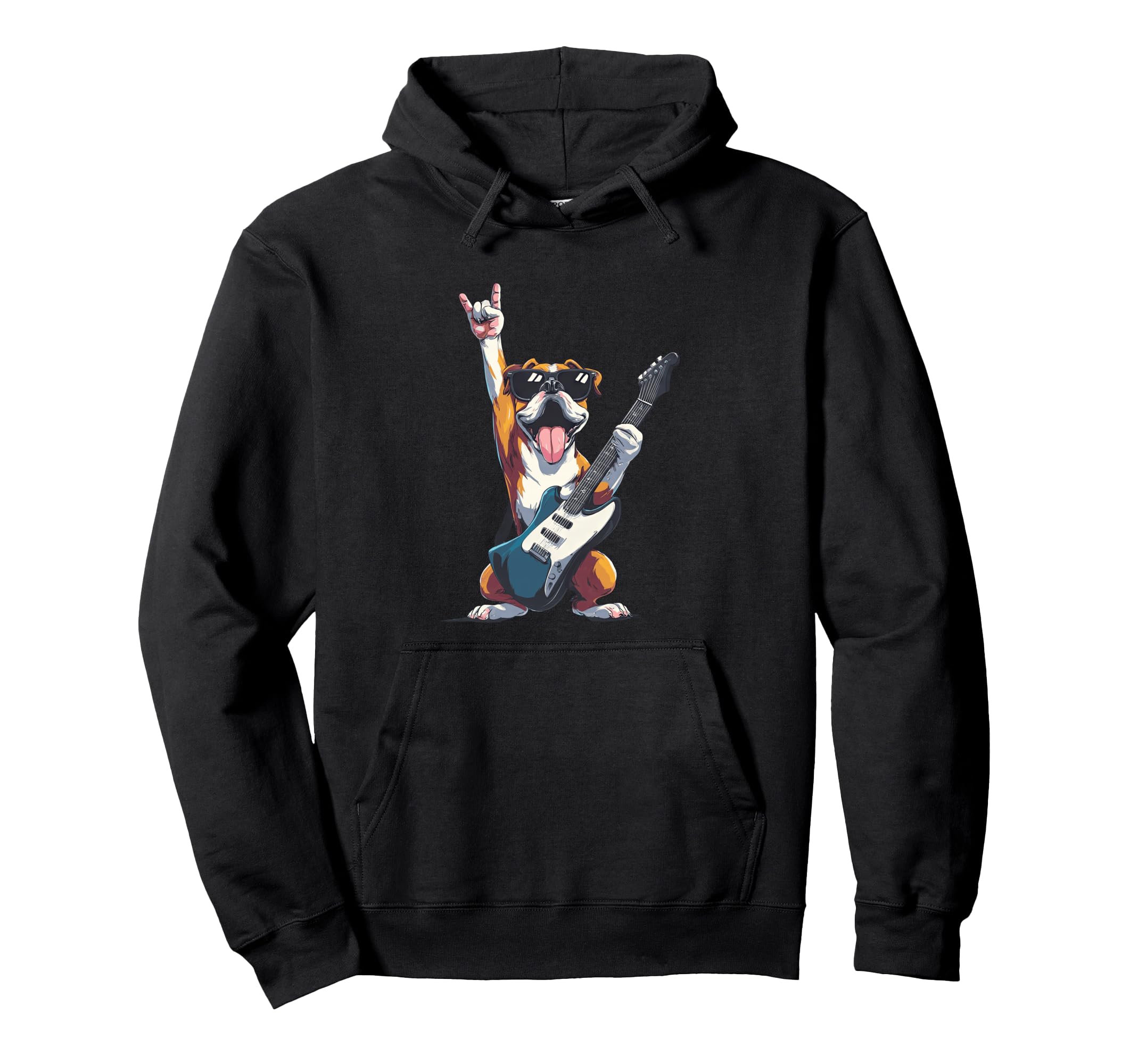 Bulldog Rock Dog Guitar Playing Hoodie - Aesthetic Graphic for Adults - T-Shirt, Sweatshirt, Hoodie