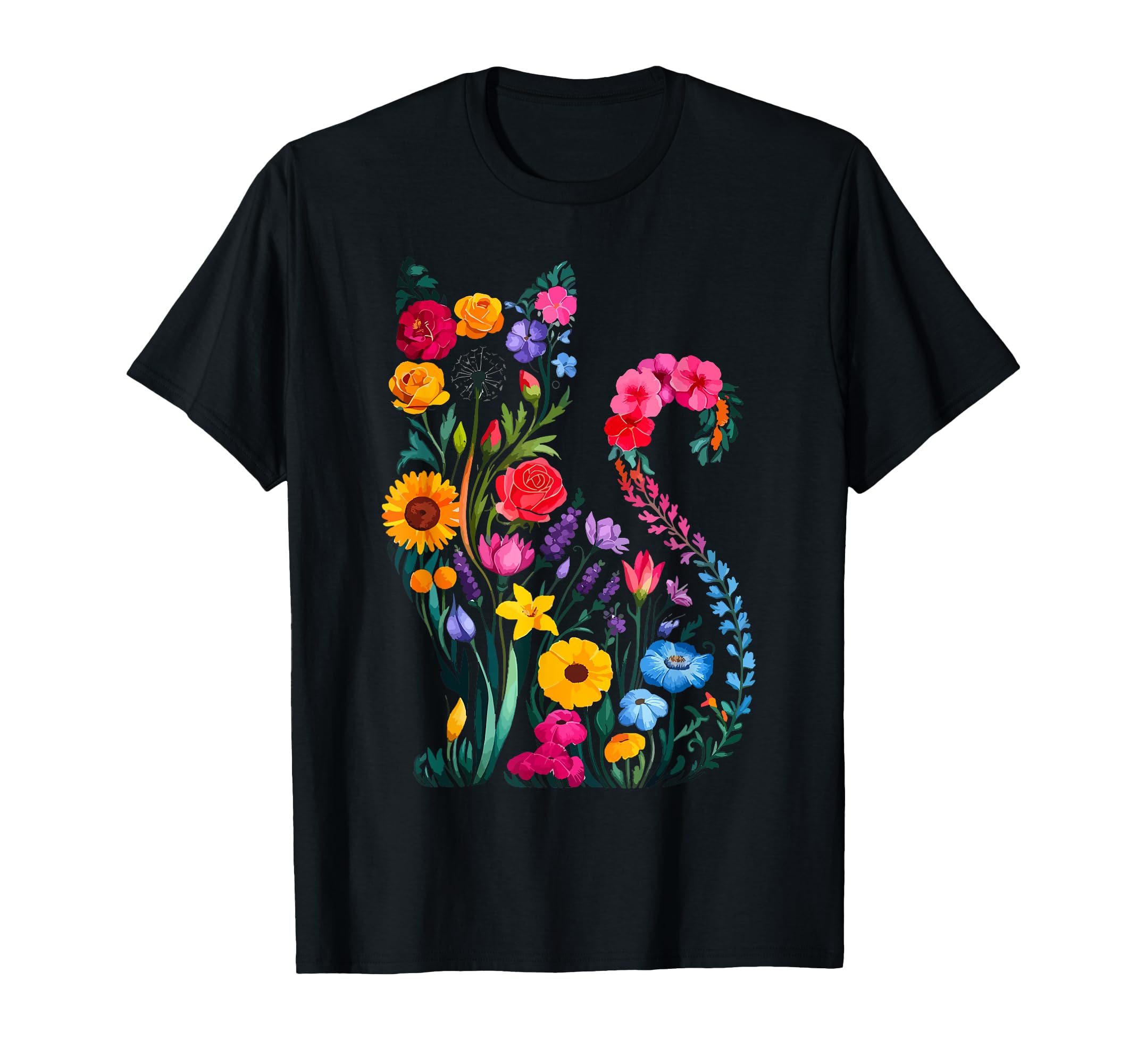 Cat Colorful Floral Patterns Flowers T-Shirt - Custom Art Print Men Women - T-Shirt, Sweatshirt, Hoodie